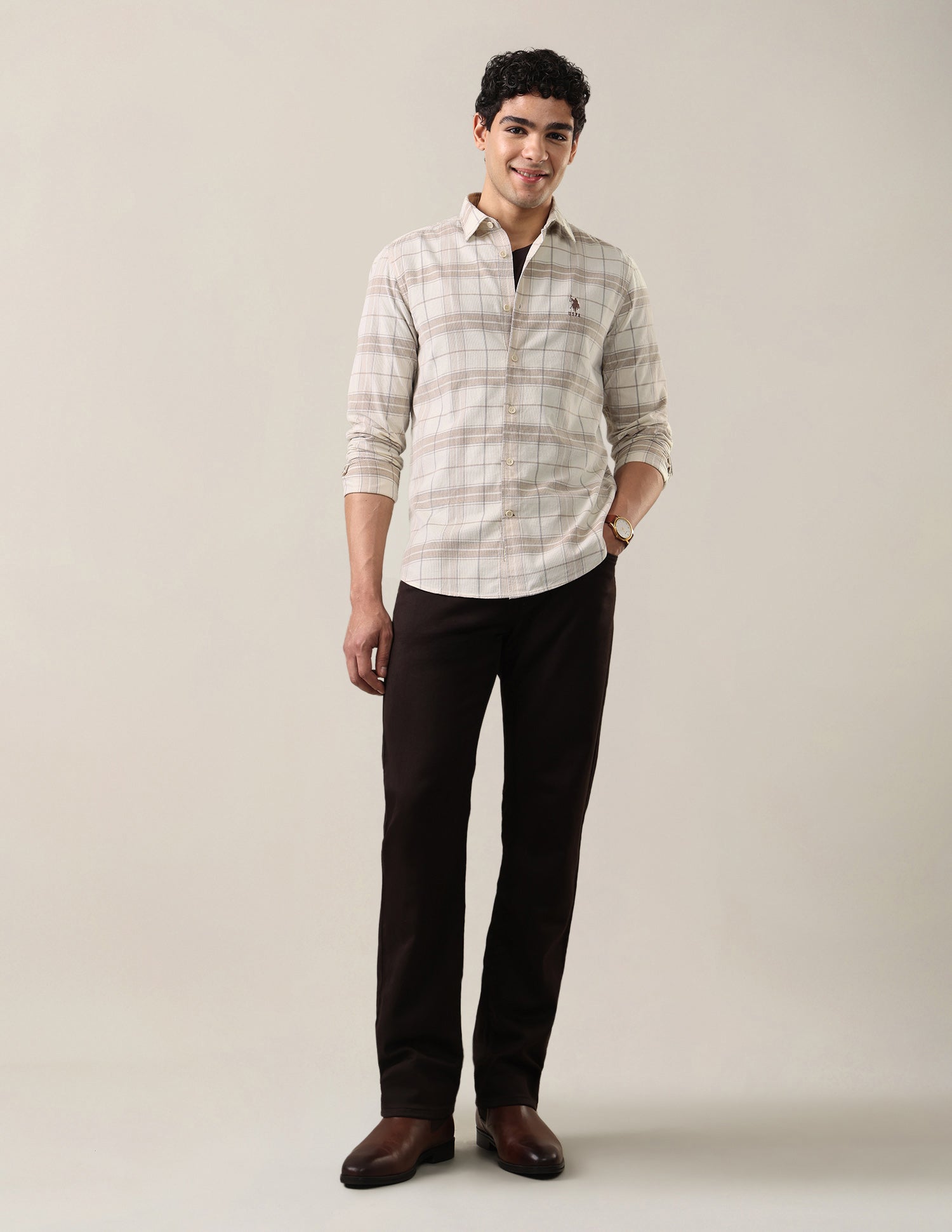 Corduroy Grid Tattersall Checked Shirt Beige - U.S. Polo Assn. India | Large