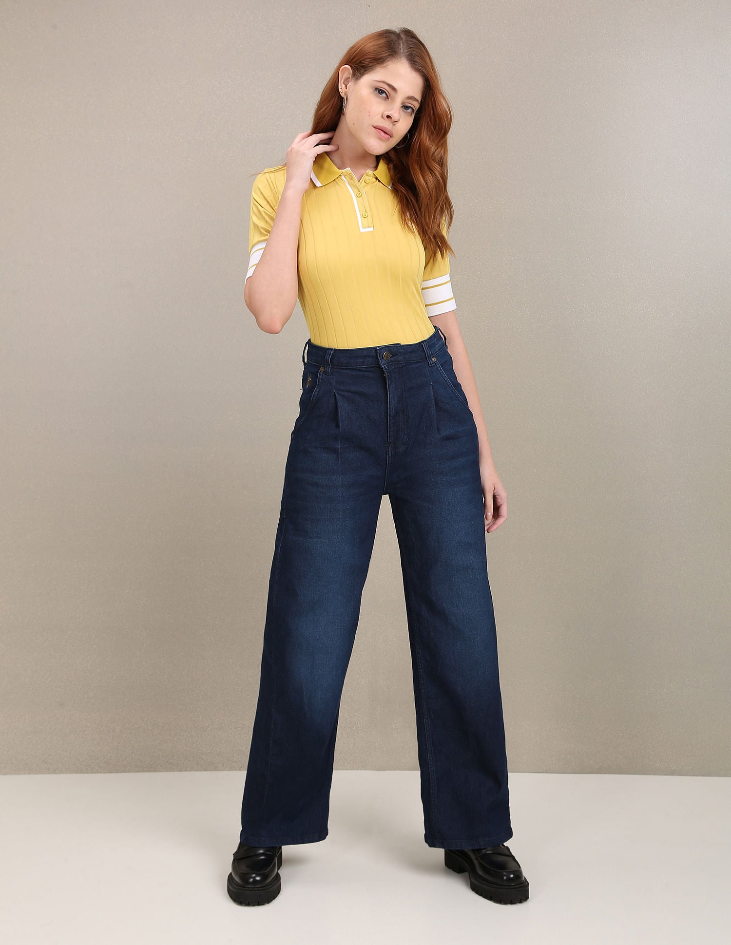 High Rise Pleated Wide Leg Jeans Dark Blue - U.S. Polo Assn. India | Large