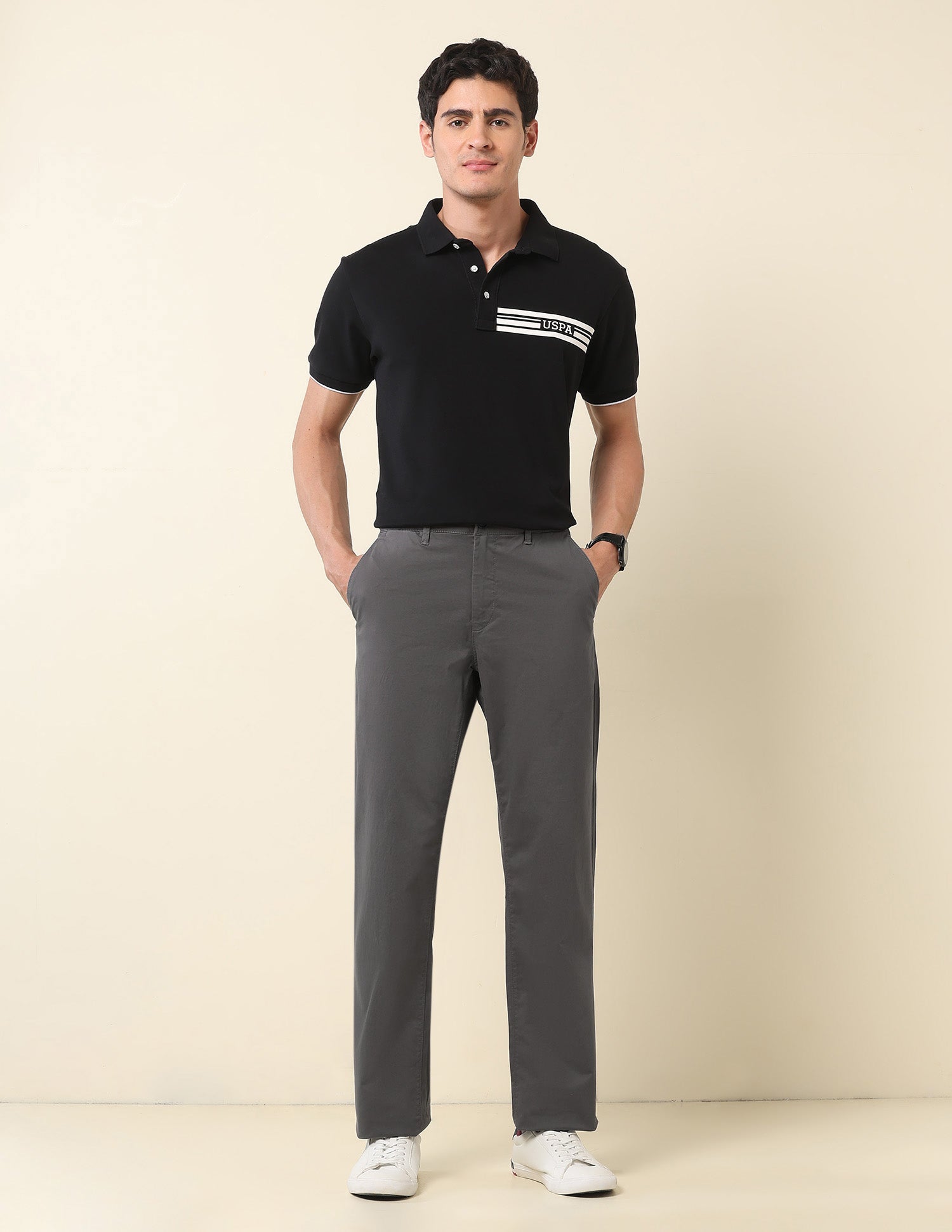 Riley Straight Fit Twill Trousers Dark Grey - U.S. Polo Assn. India | Large
