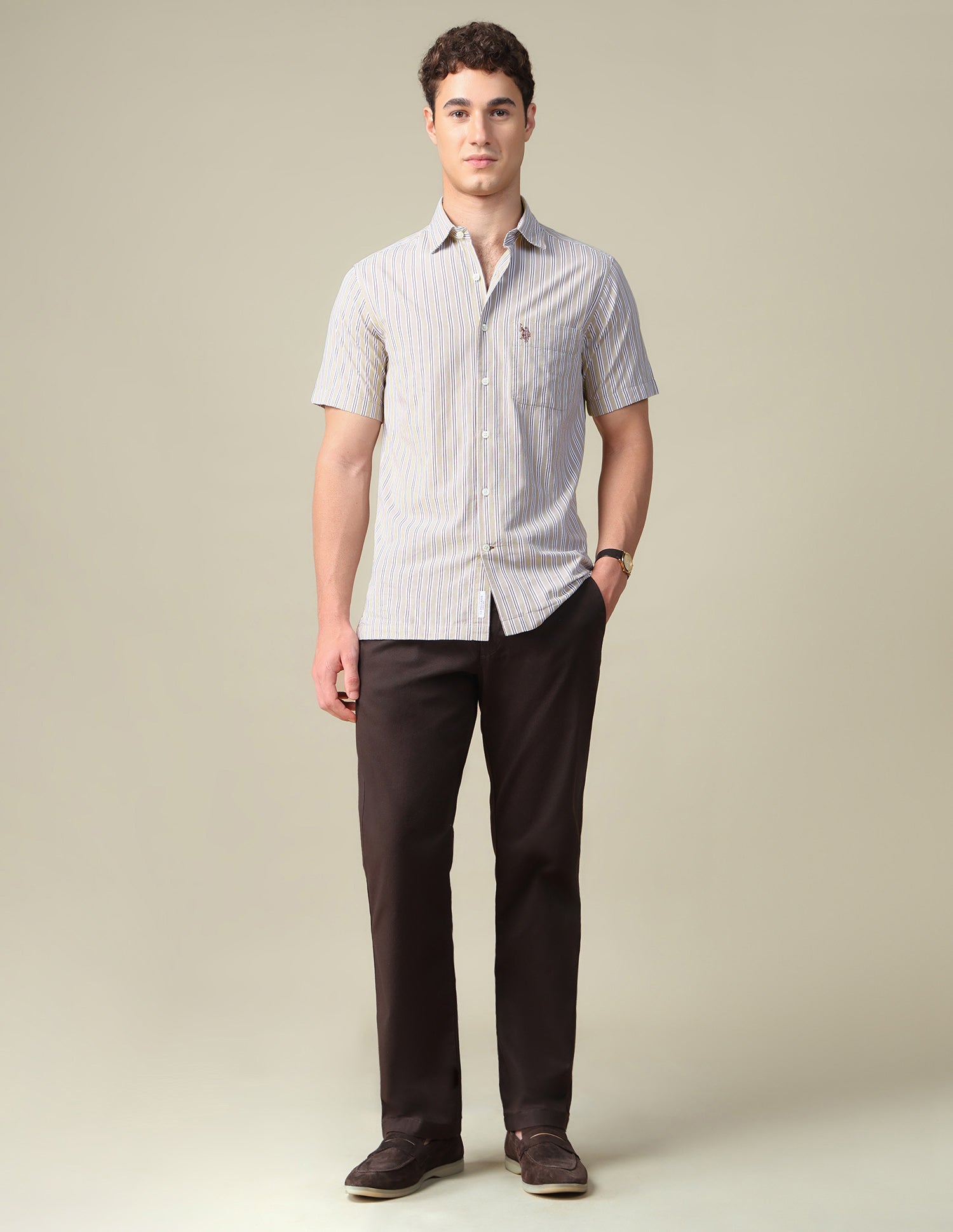 Vertical Striped Seersucker Shirt Beige - U.S. Polo Assn. India | Large