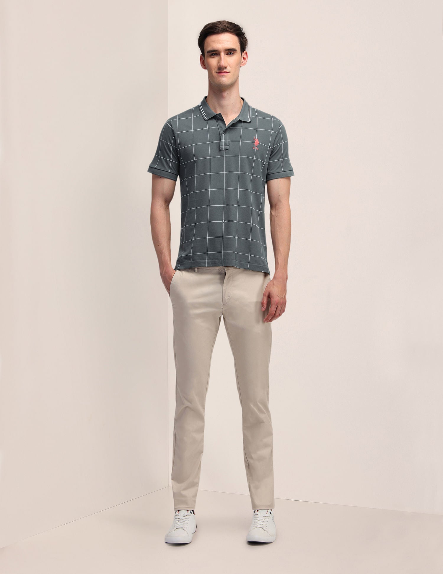 Pure Cotton Checked Slim Fit Polo Shirt Grey - U.S. Polo Assn. India | Large