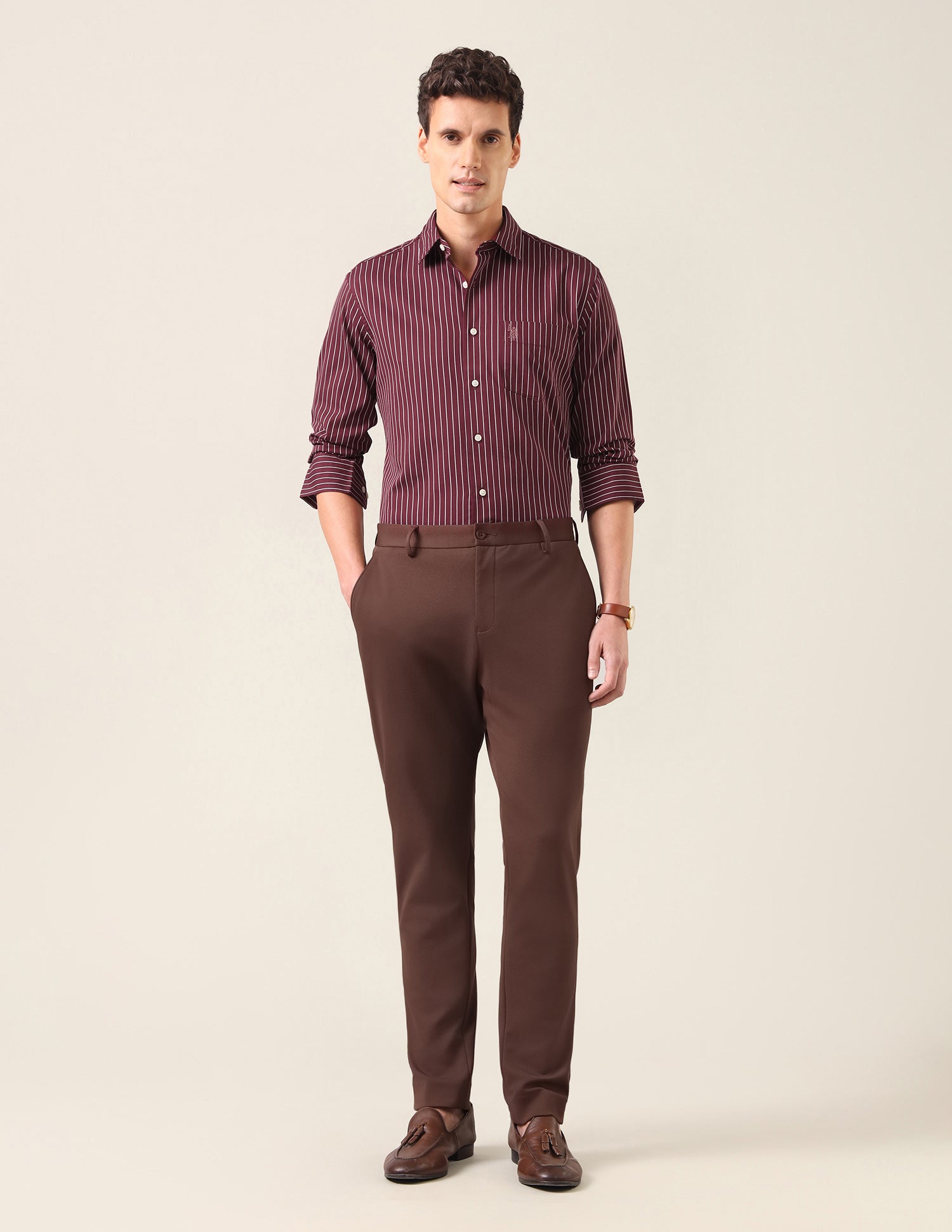 Vertical Striped Tailored Fit Shirt Maroon - U.S. Polo Assn. India | Large