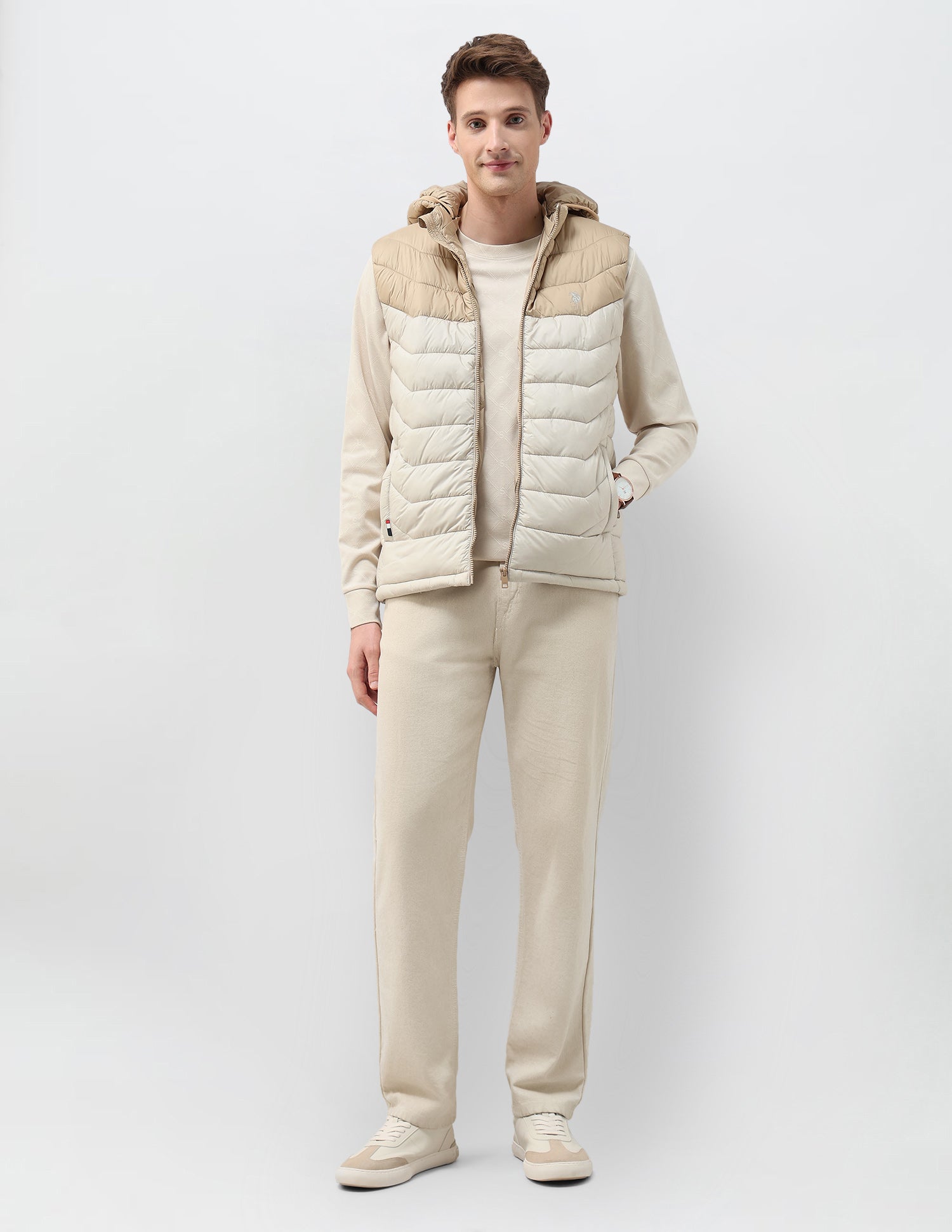 Colour Blocked Removable Hood Puffer Jacket Ecru - U.S. POLO ASSN. | Large