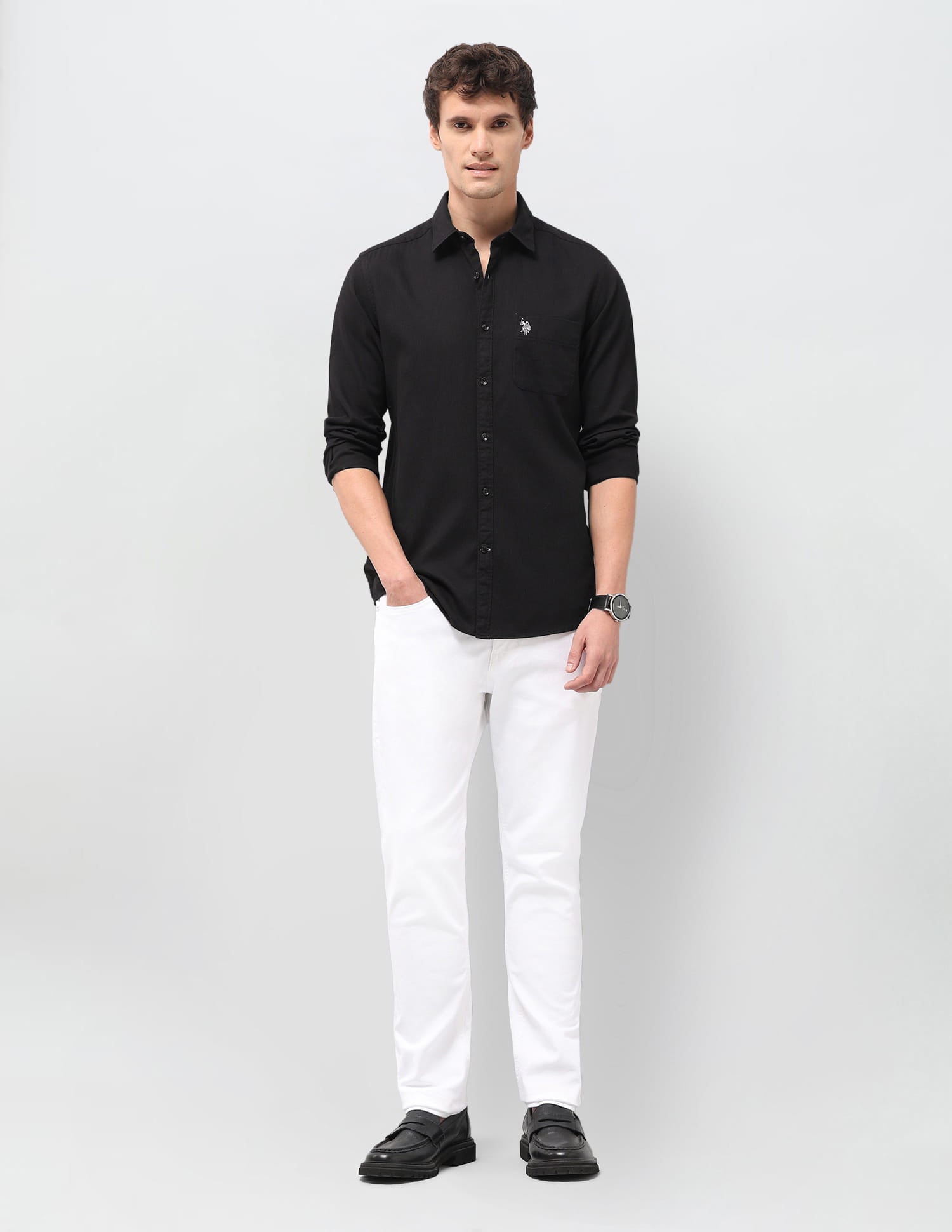 Solid Dobby Regular Fit Shirt Black - U.S. Polo Assn. India | Large