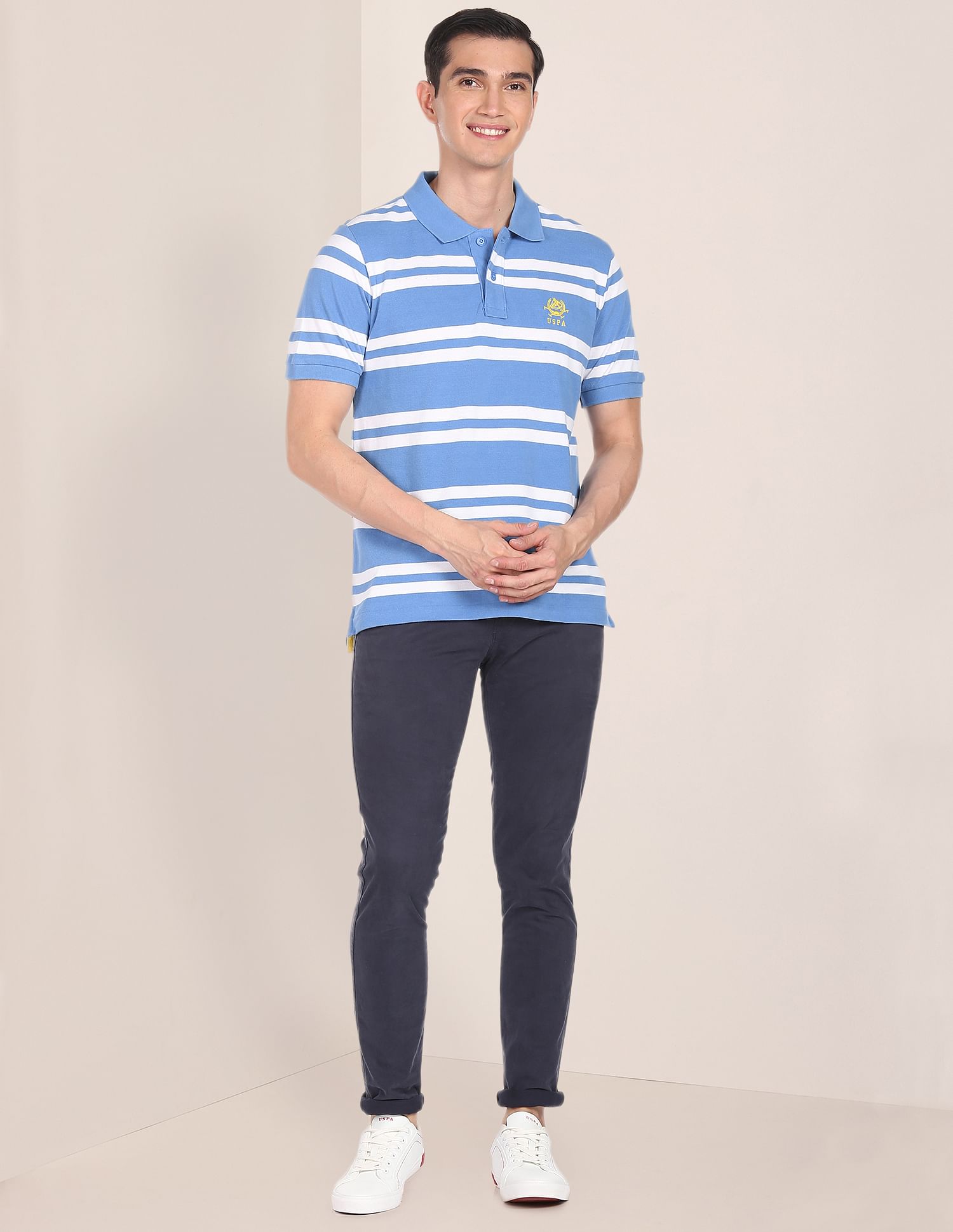 Pique Cotton Horizontal Stripe Polo Shirt Blue - U.S. Polo Assn. India | Large