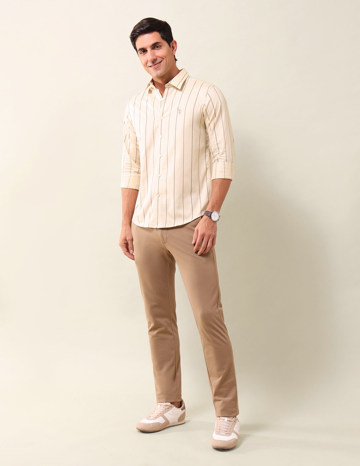 Vertical Striped Tailored Fit Shirt Light Beige - U.S. Polo Assn. India | Large