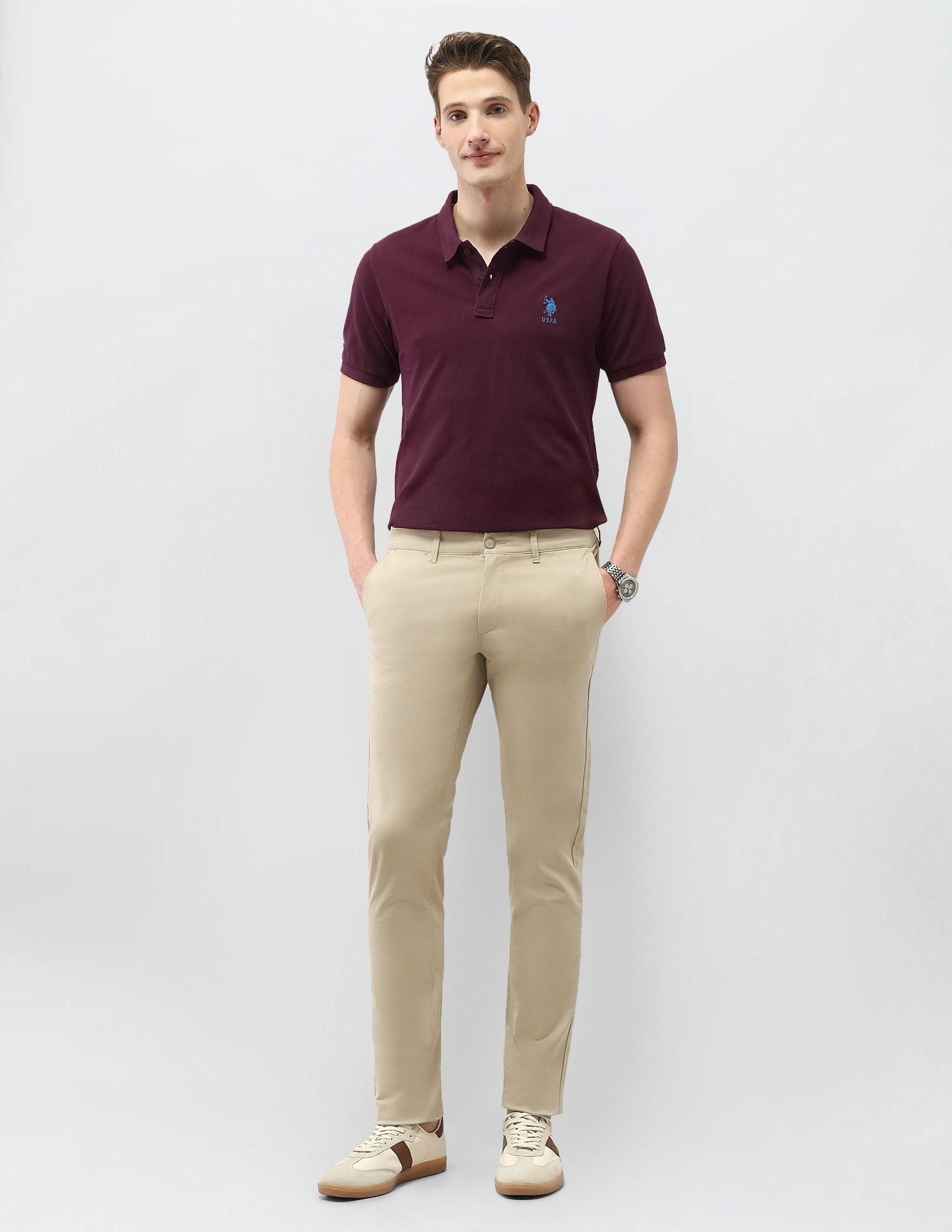 Denver Slim Fit Satin Trousers Light Kahki - U.S. Polo Assn. India | Large