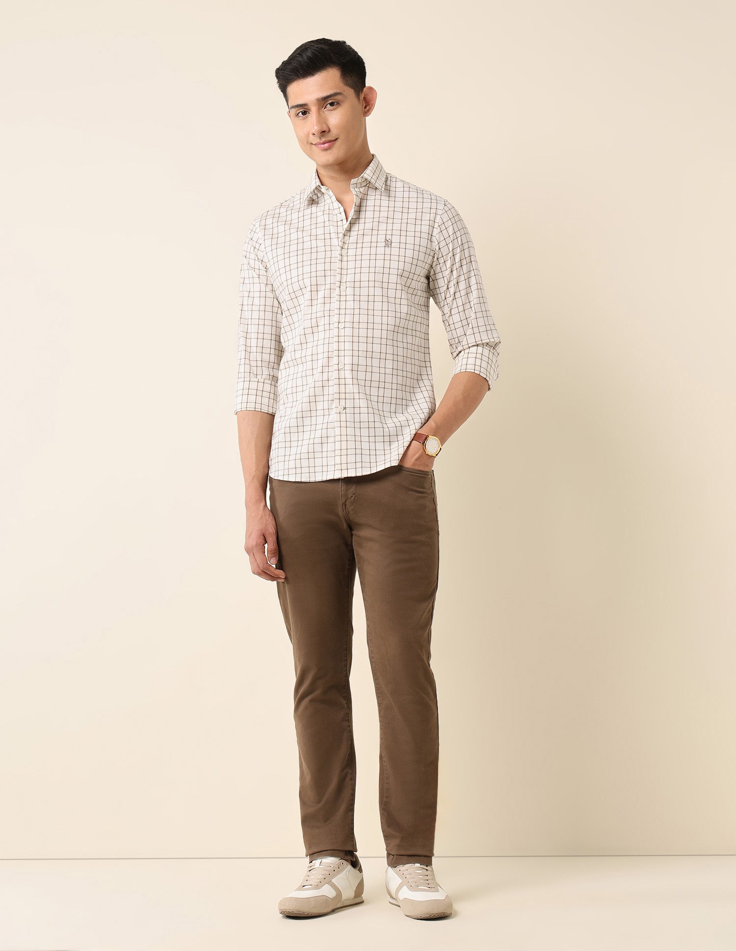 Tailored Fit Graph Checked Shirt Beige - U.S. Polo Assn. India | Large