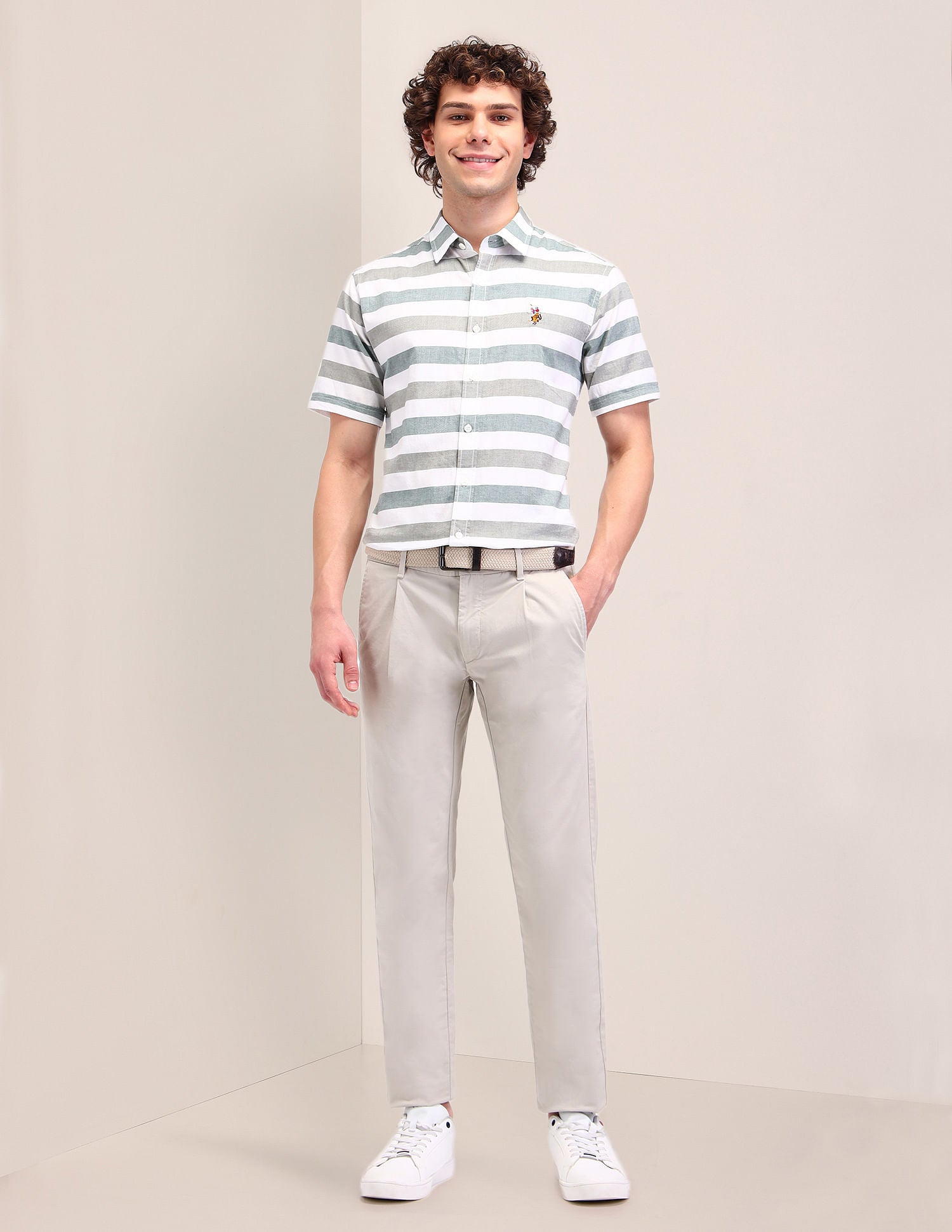 Striped Twill Tailored Fit Shirt Green - U.S. Polo Assn. India | Large