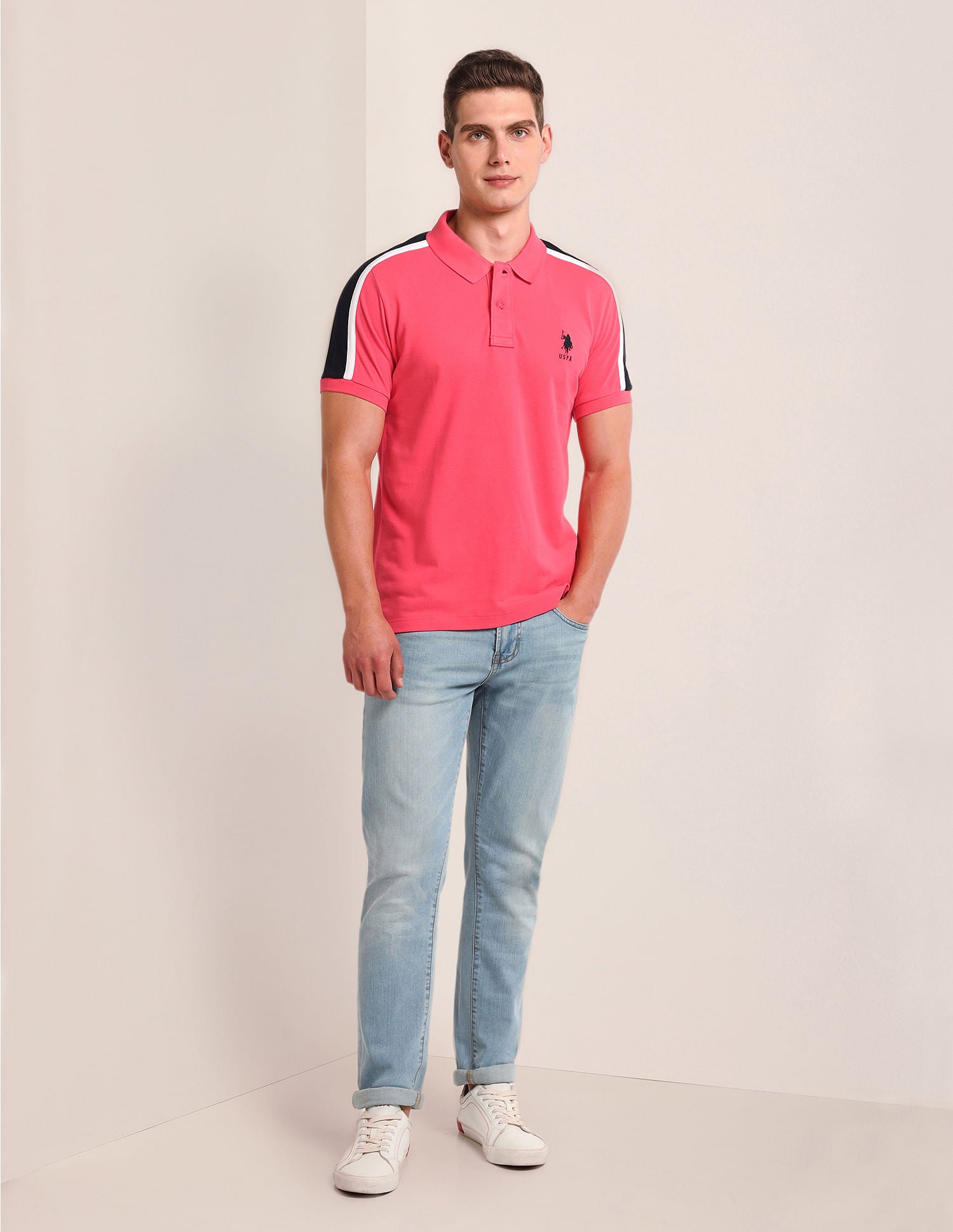 Colour Block Slim Fit Polo Shirt Pink - U.S. Polo Assn. India | Large