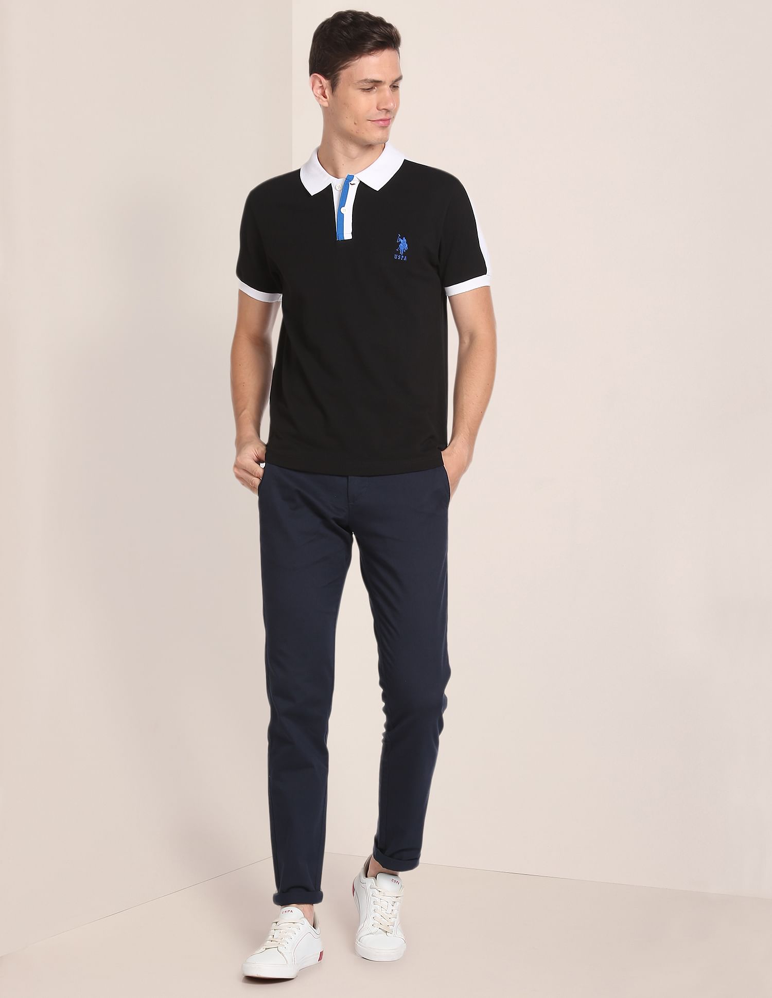 Contrast Tape Solid Polo Shirt Black - U.S. POLO ASSN. | Large