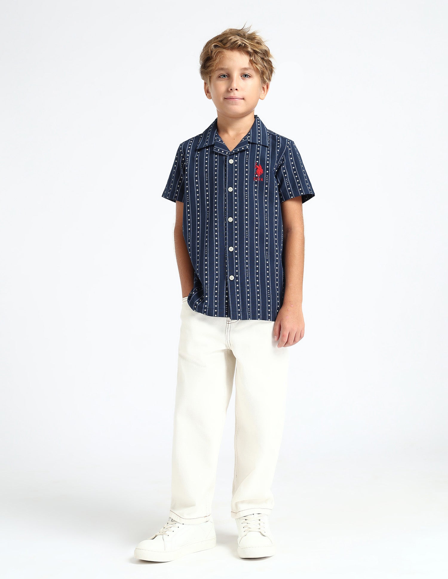 Boys Geometric Printed Relaxed Fit Shirt Navy - U.S. POLO ASSN. | Large