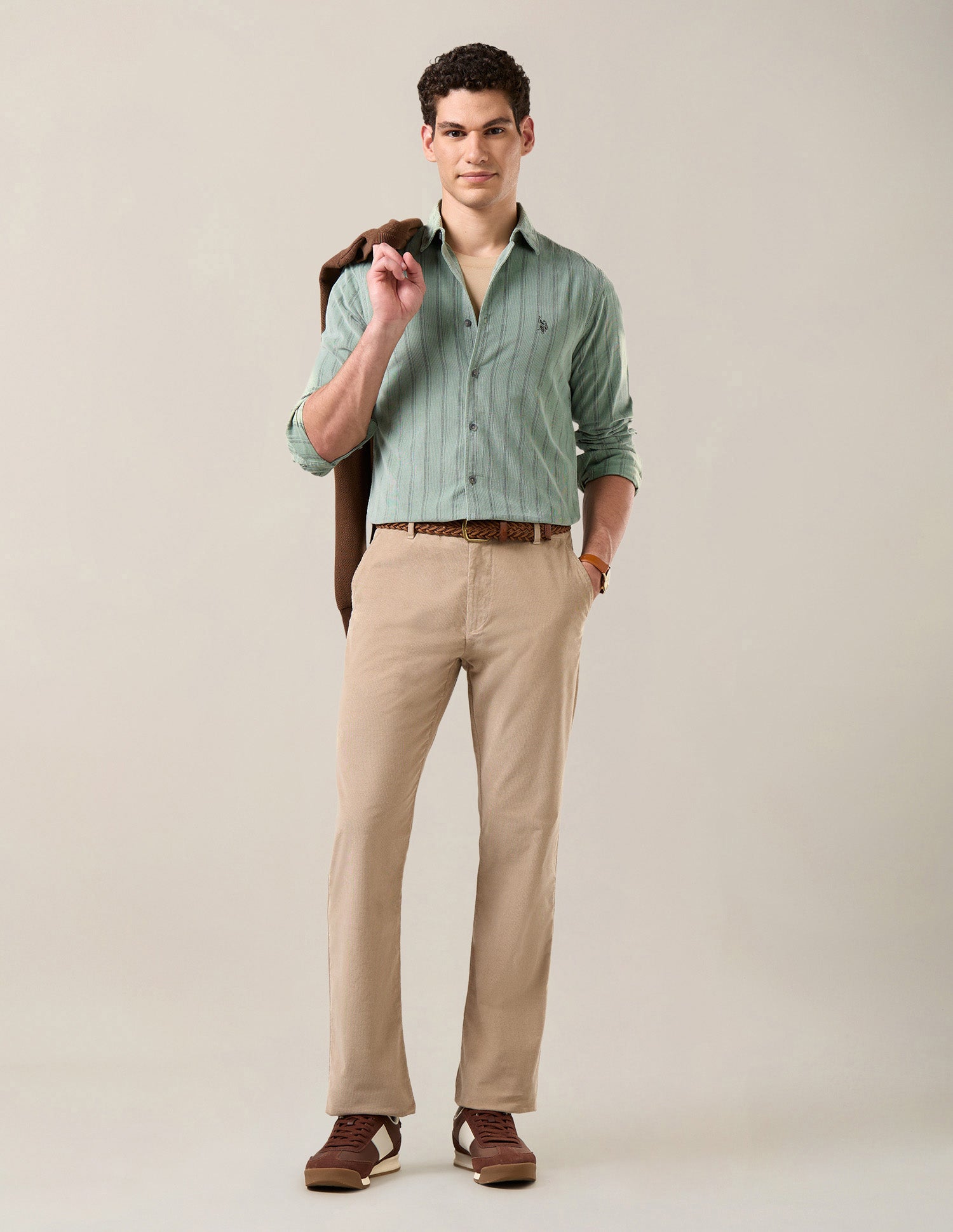 Vertical Striped Corduroy Shirt Light Green - U.S. Polo Assn. India | Large