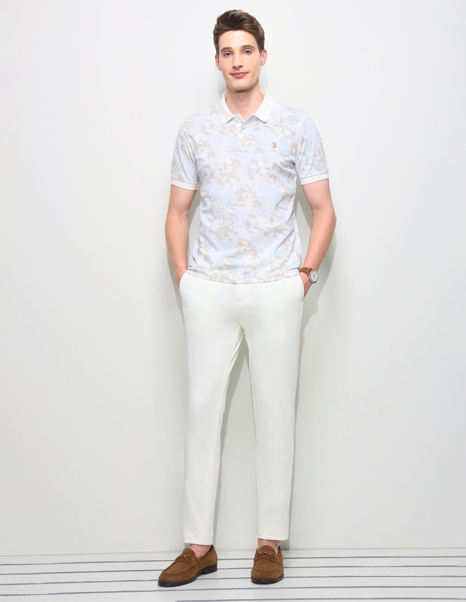 Floral Printed Slim Fit Polo Shirt Light Blue - U.S. Polo Assn. India | Large