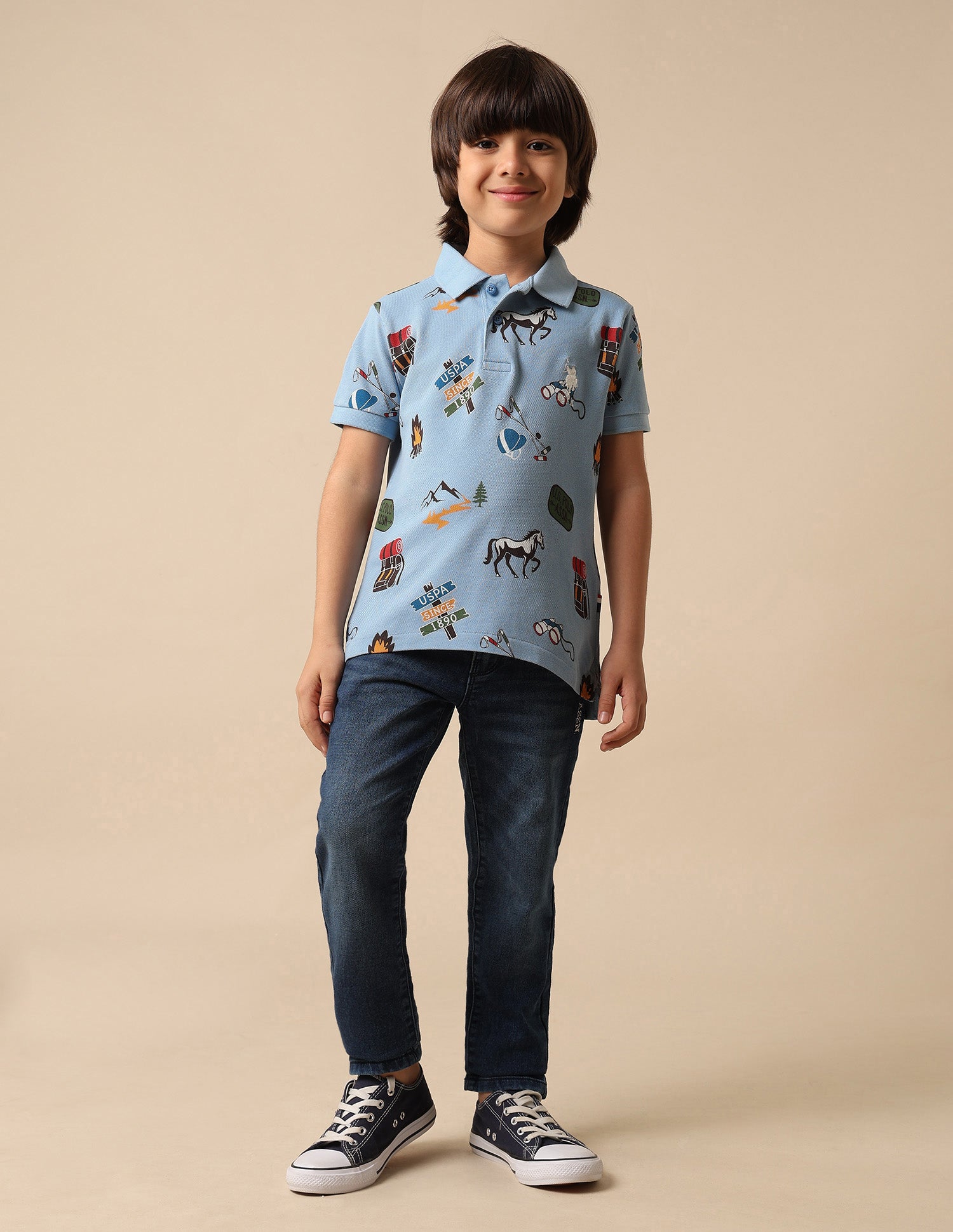 Boys All Over Printed Pure Cotton Polo Shirt Blue - U.S. POLO ASSN. | Large