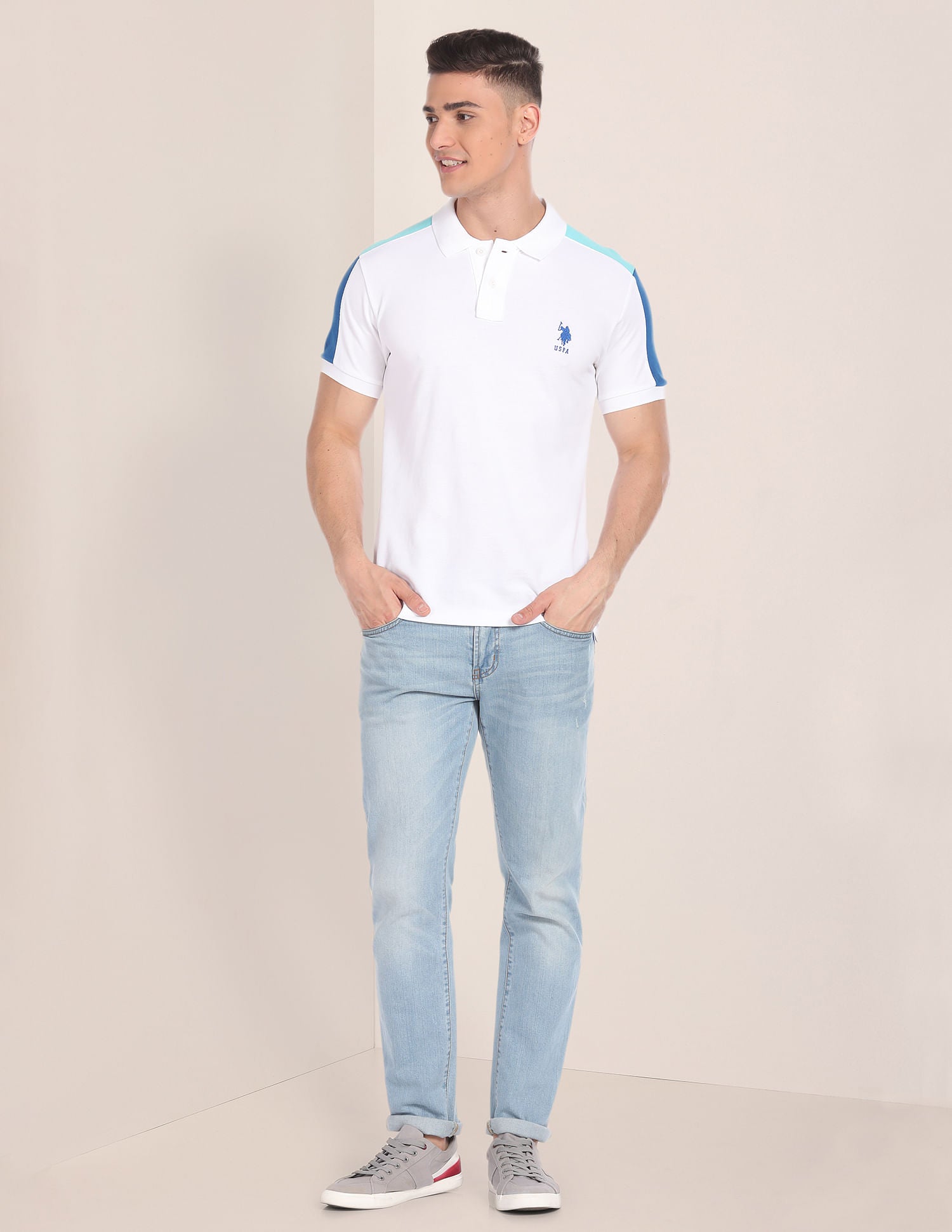 Colour Blocked Cotton Polo Shirt White - U.S. Polo Assn. India | Large