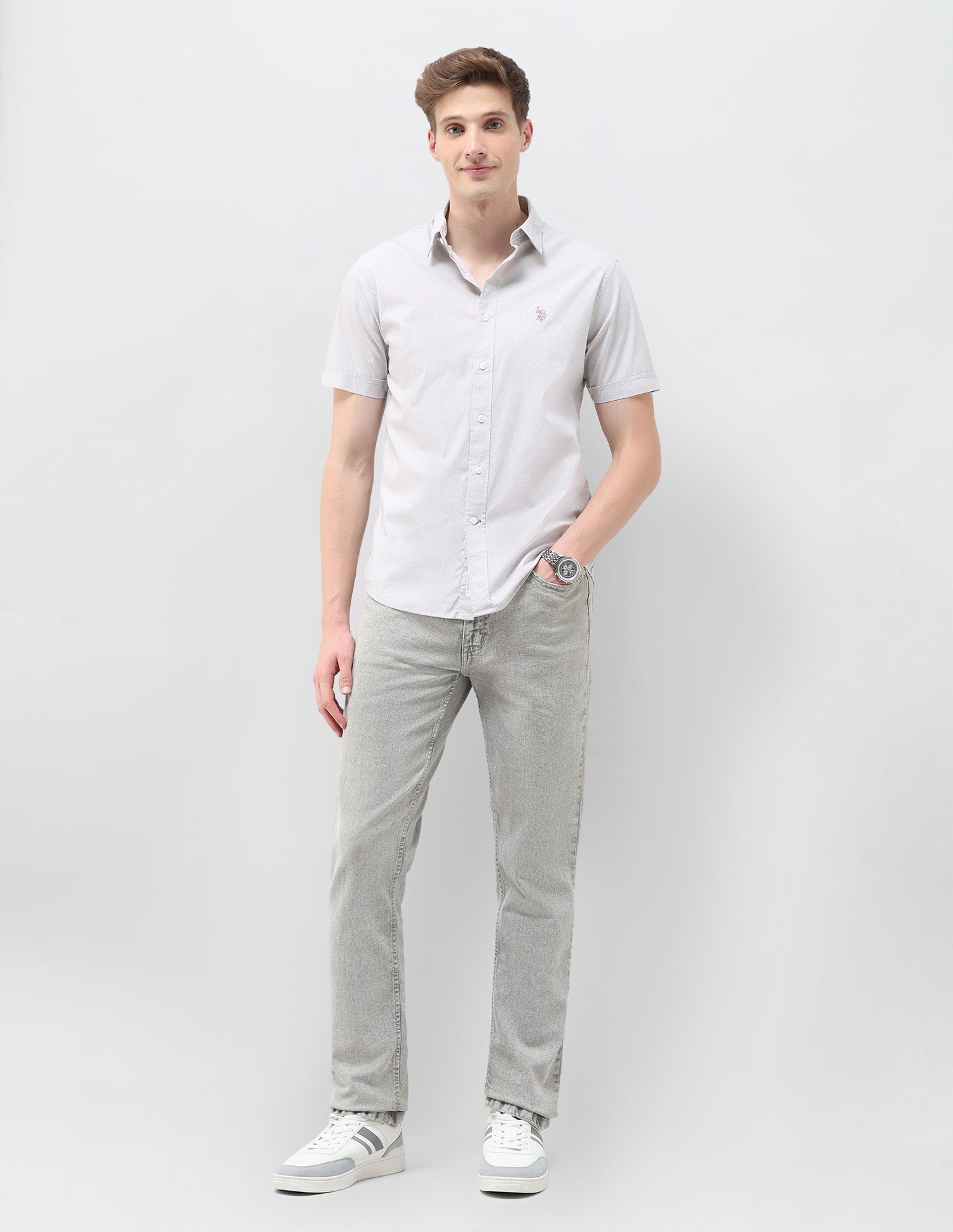 Geometric Printed Tailored Fit Shirt Beige - U.S. Polo Assn. India | Large