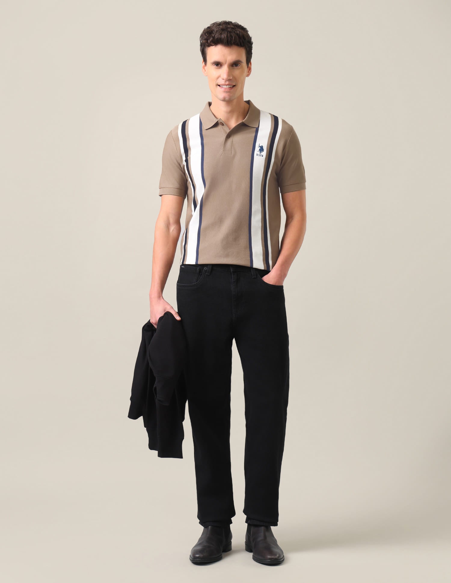 Vertical Striped Slim Fit Polo Shirt Light Brown - U.S. Polo Assn. India | Large