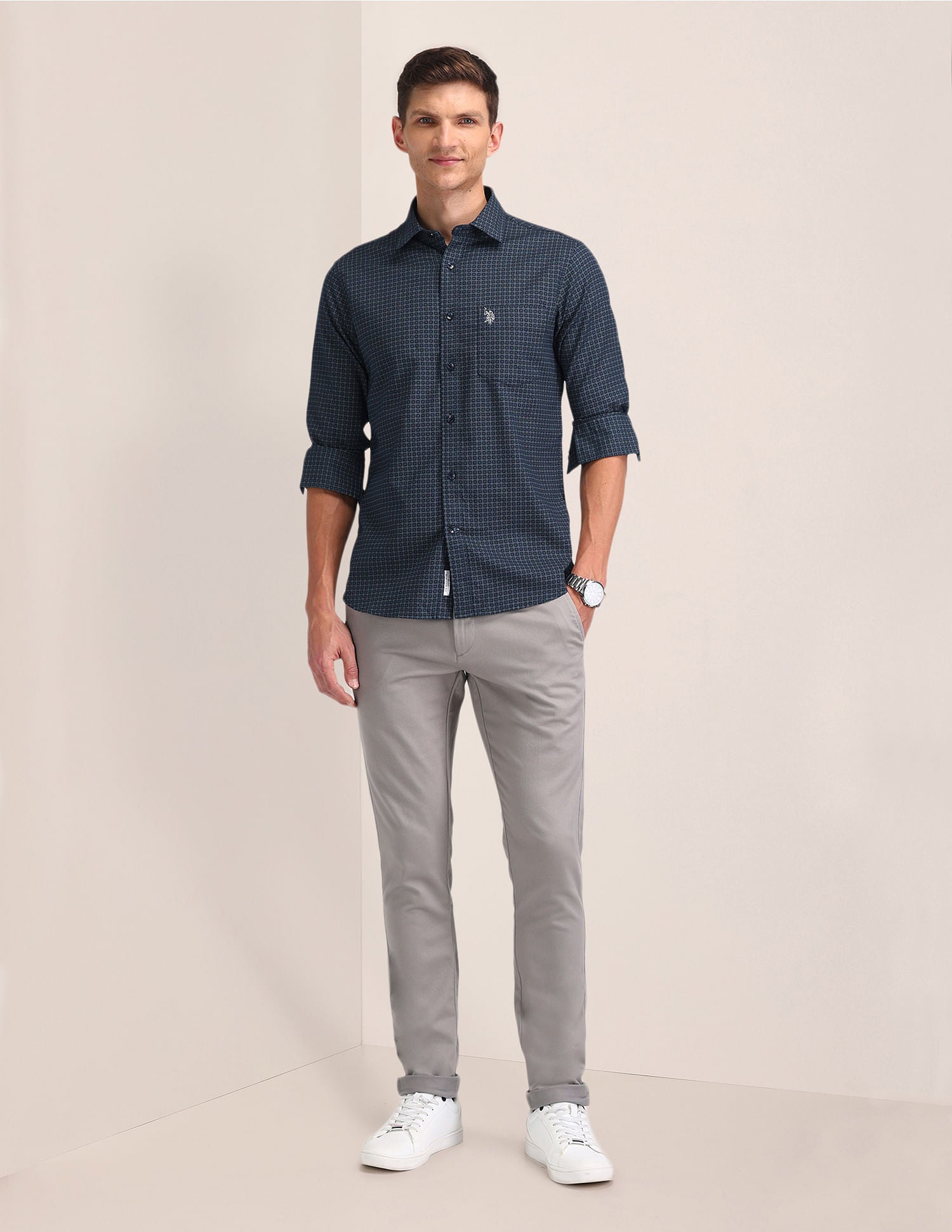 Tailored Fit Printed Shirt Blue - U.S. Polo Assn. India | Large