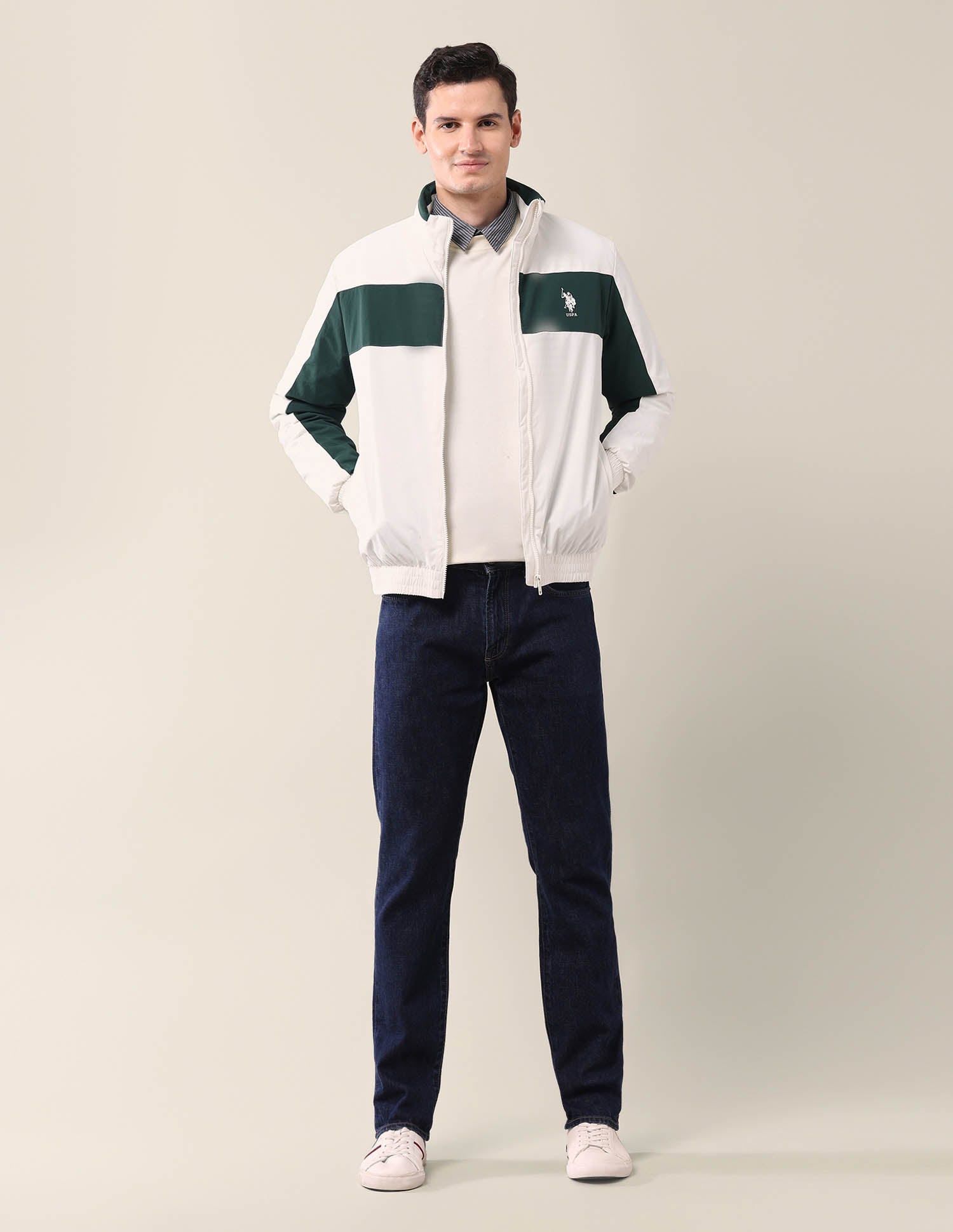 Colourblocked Regular Fit Jacket Ecru - U.S. Polo Assn. India | Large