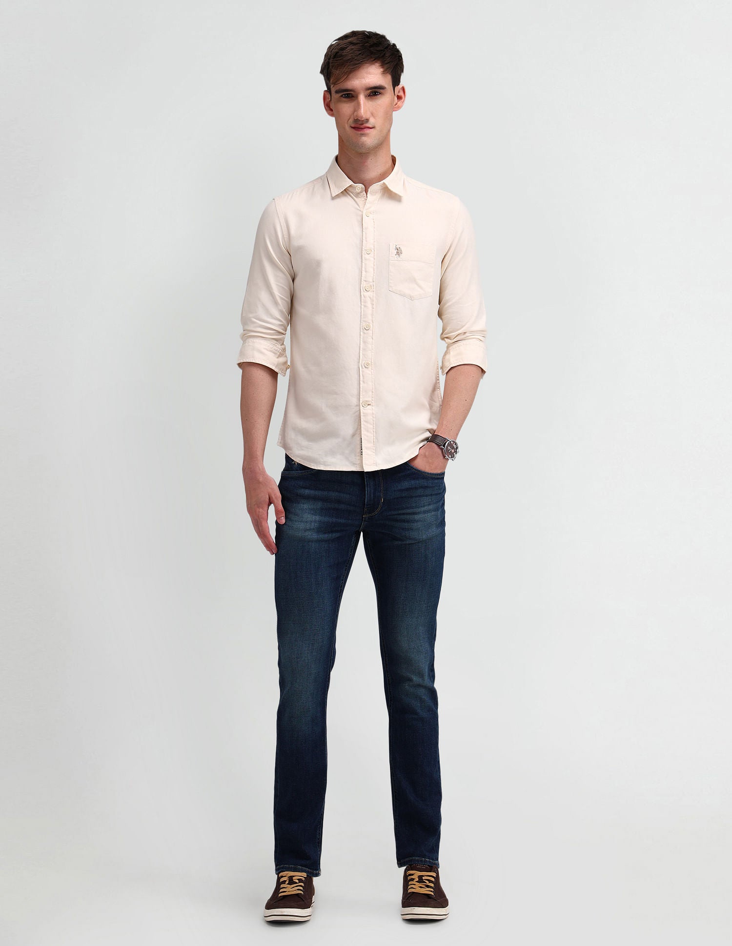 Slim Fit Solid Shirt Off-White - U.S. Polo Assn. India | Large