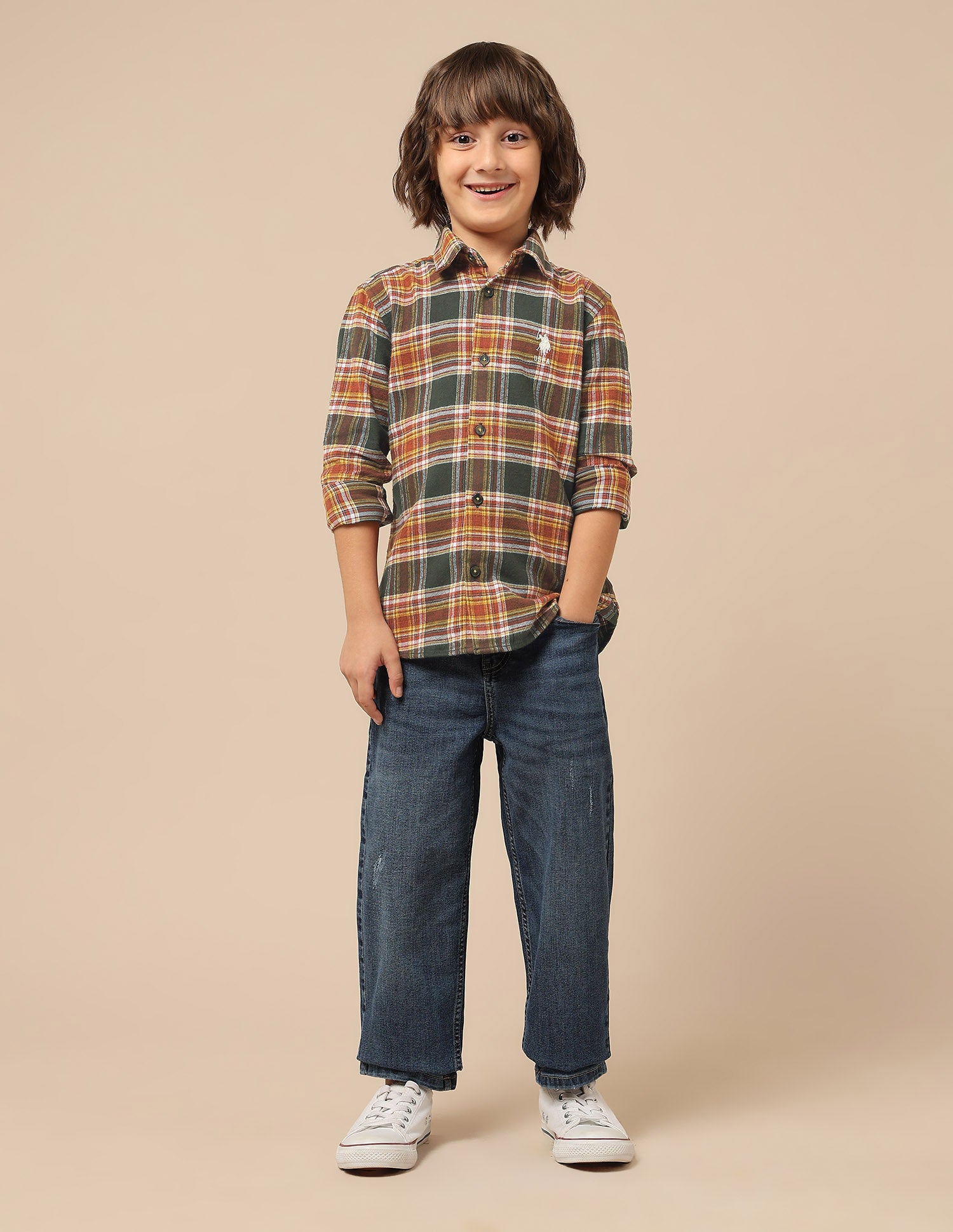 Boys Plaid Checked Twill Shirt Orange - U.S. POLO ASSN. | Large