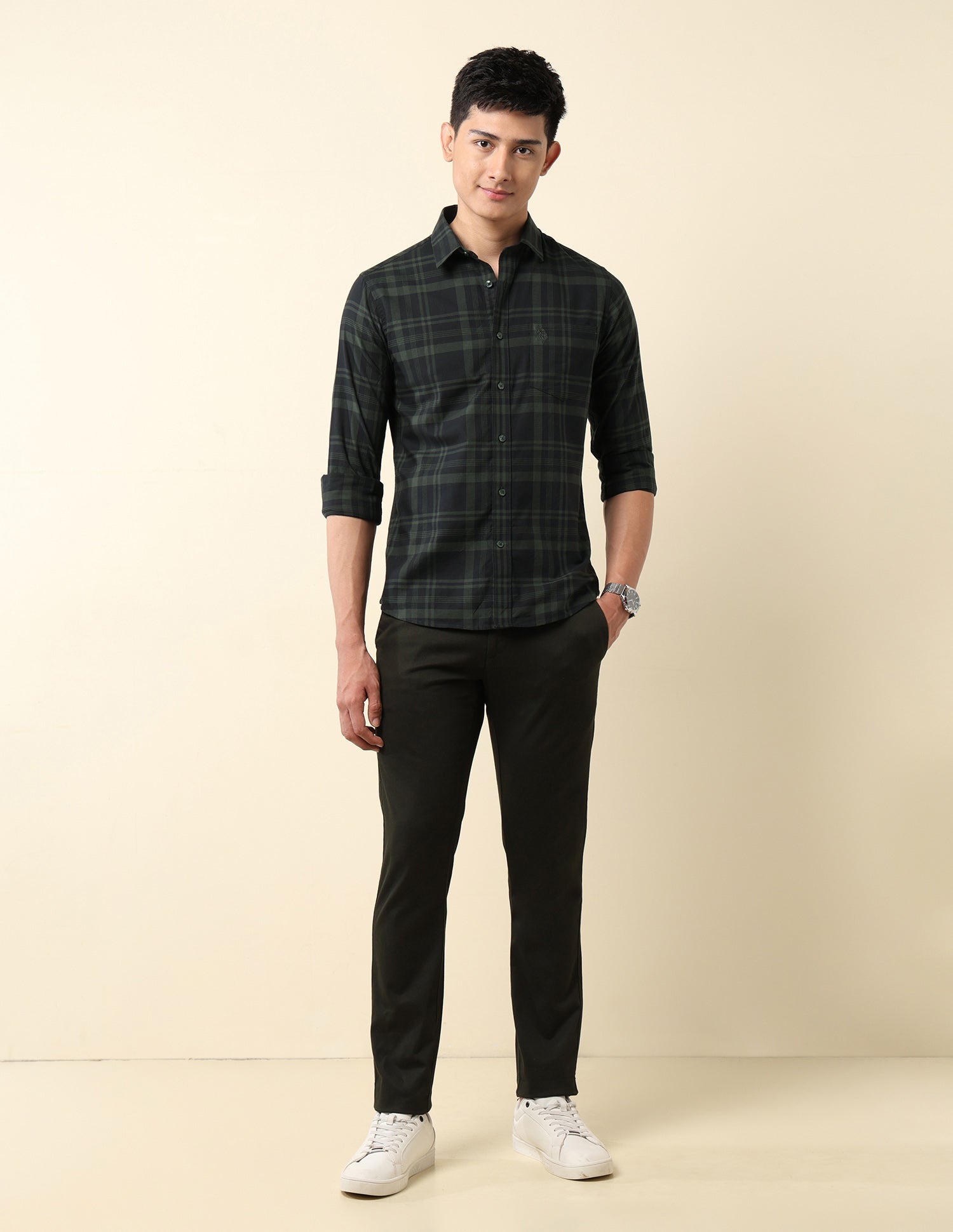 Pure Cotton Tailored Fit Shirt Dark Green - U.S. Polo Assn. India | Large