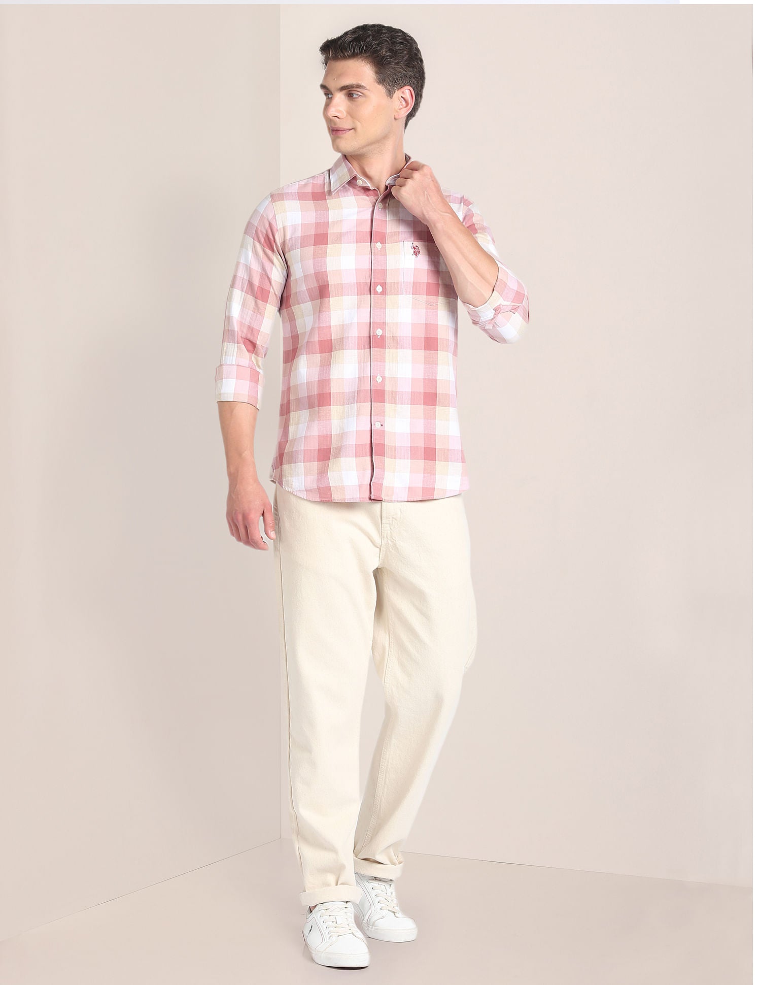 Plaid Check Premium Cotton Shirt Peach - U.S. Polo Assn. India | Large