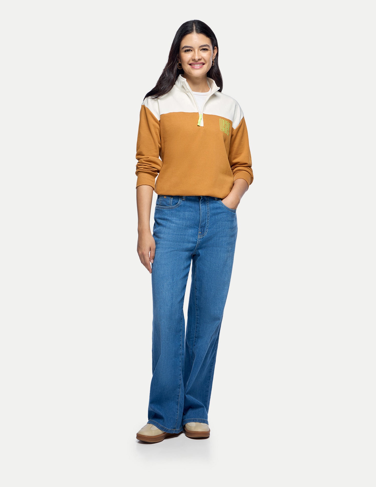 Colourblocked Regular Fit Sweatshirt Light Brown - U.S. Polo Assn. India | Large