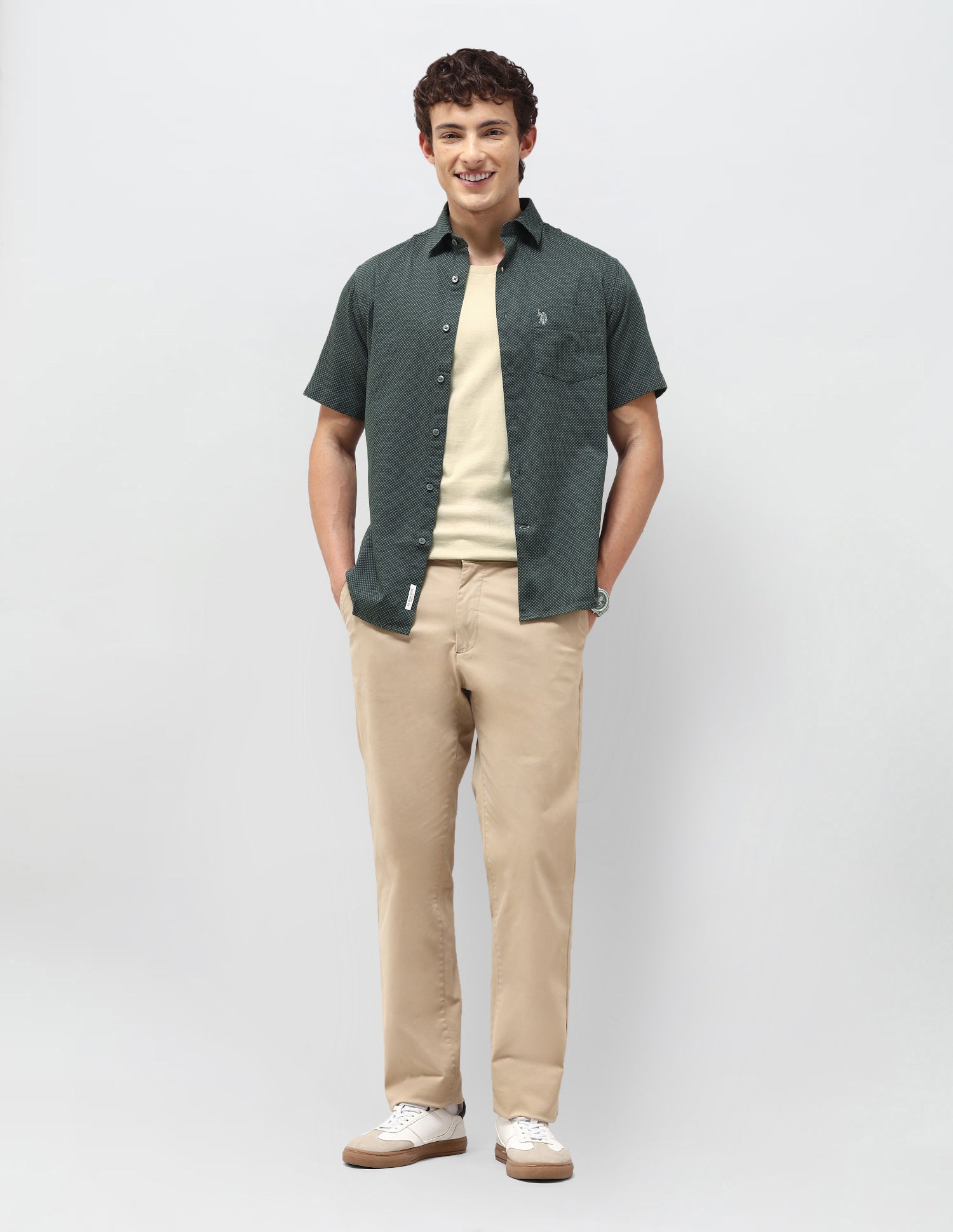 Regular Fit Self Design Geometric Shirt Olive - U.S. Polo Assn. India | Large