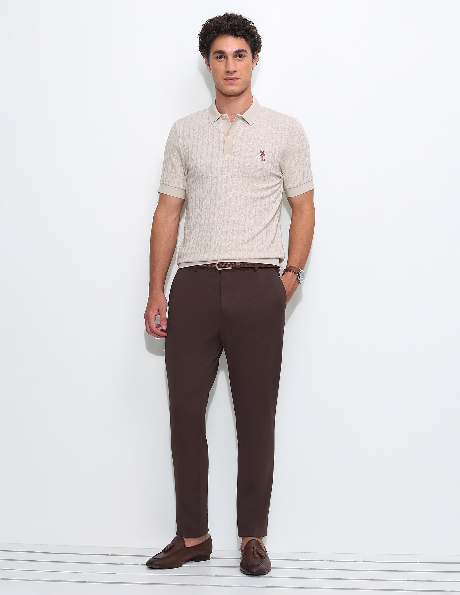 Textured Slim Fit Polo Shirt Beige - U.S. Polo Assn. India | Large