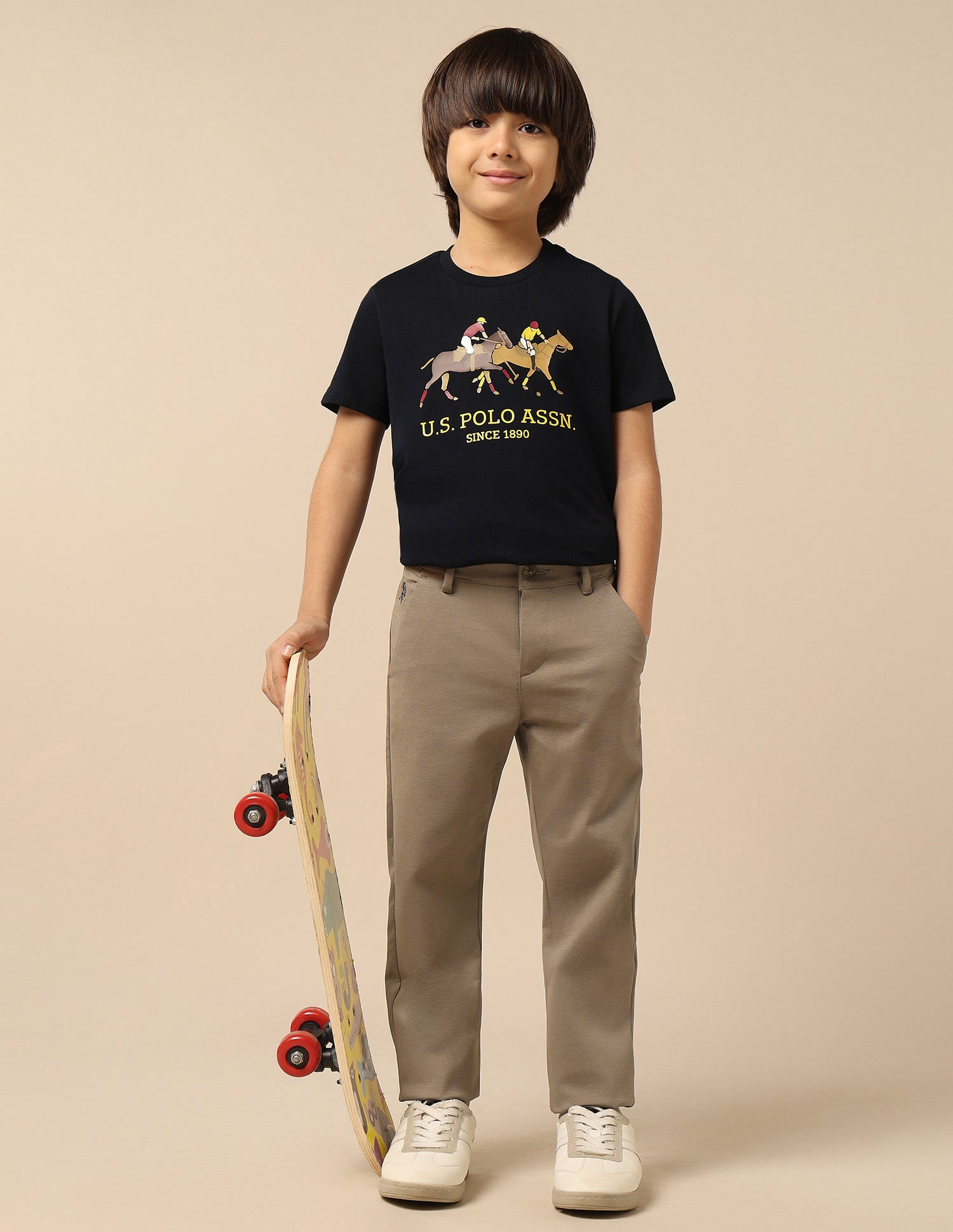 Boys Solid Slim Fit Trousers Khaki - U.S. POLO ASSN. | Large