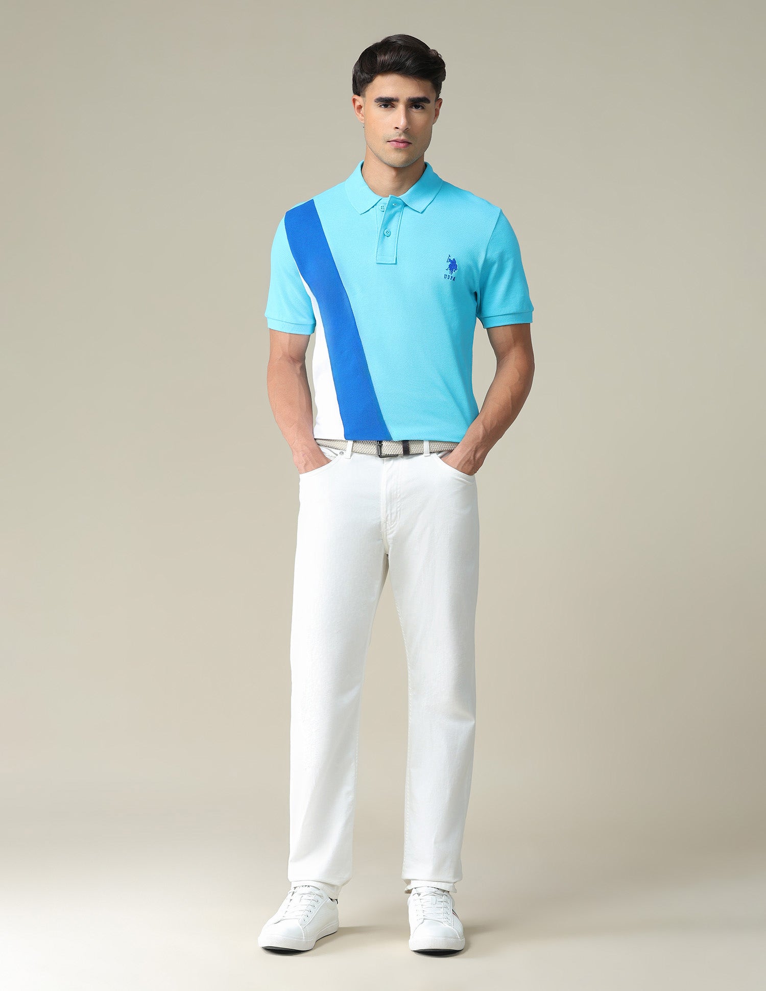 Colour Block Cotton Polo Shirt Aqua - U.S. POLO ASSN. | Large