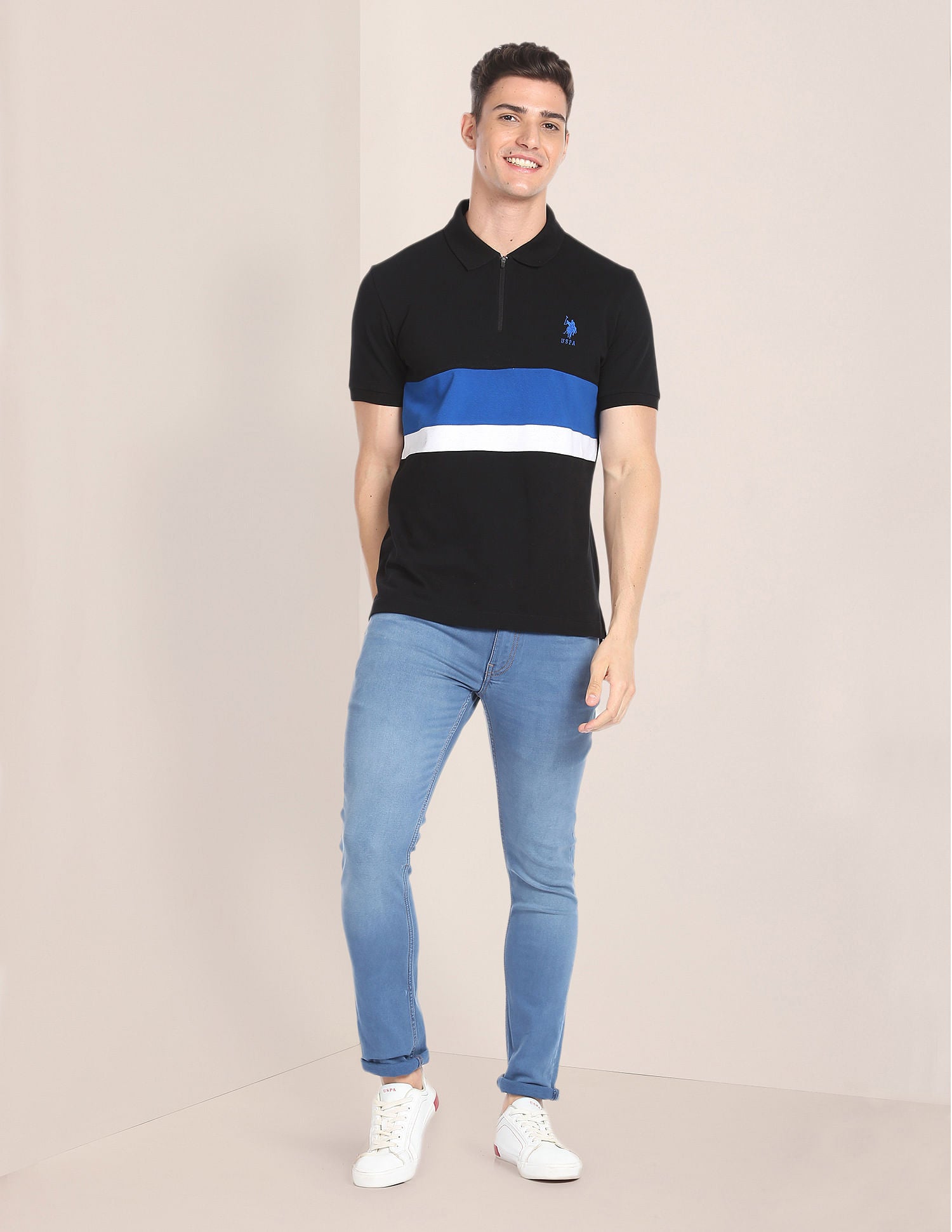 Colour Block Slim Polo Shirt Black - U.S. POLO ASSN. | Large