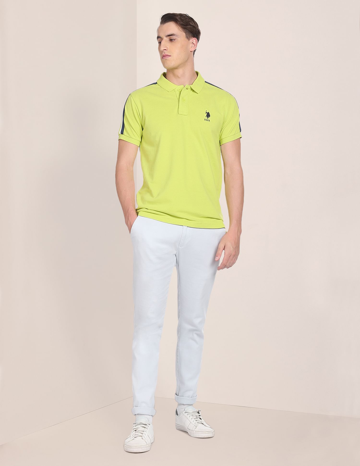 Striped Tape Solid Pure Cotton Polo Shirt Lime Green - U.S. Polo Assn. India | Large