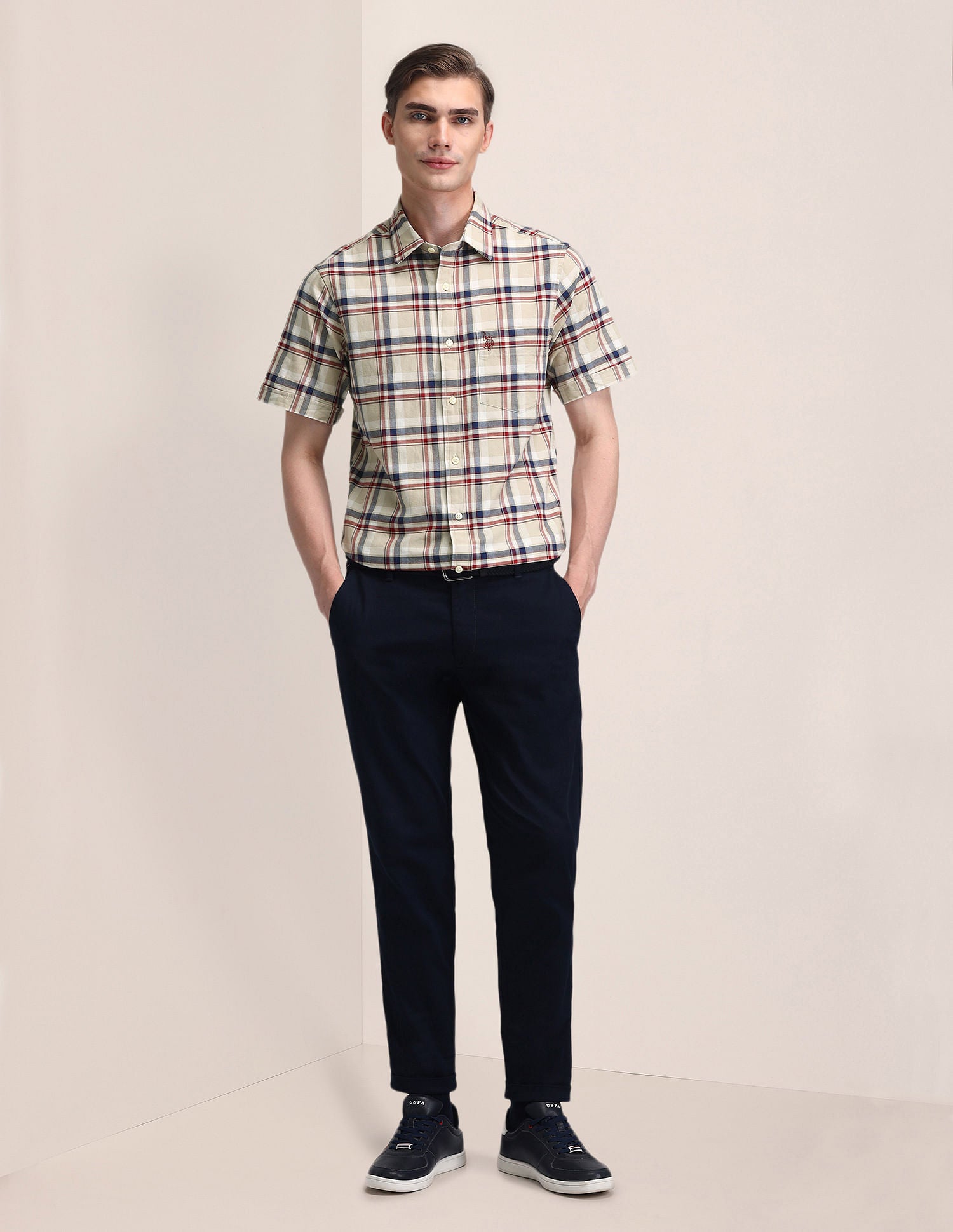 Tailored Fit Checked Shirt Beige - U.S. Polo Assn. India | Large