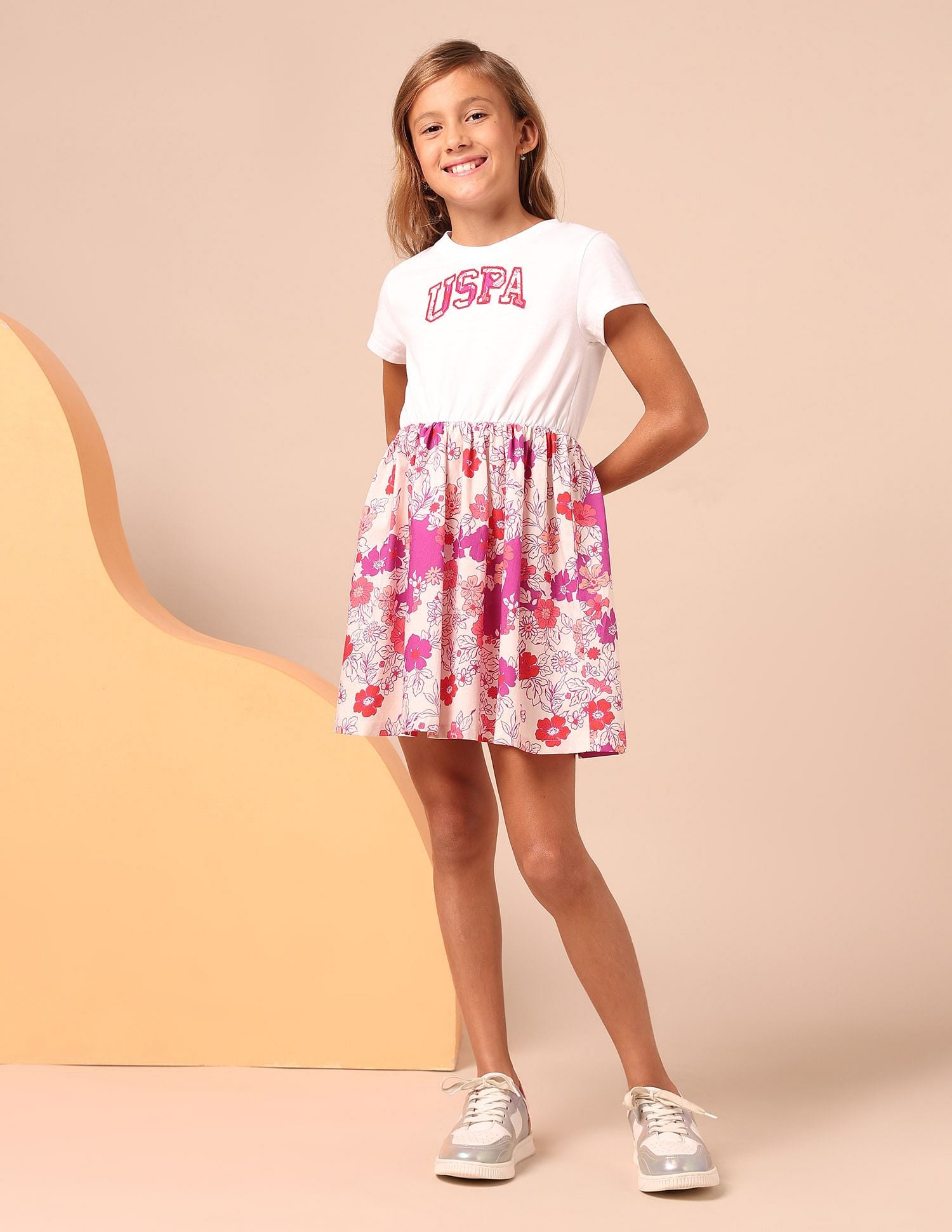 Girls Floral Printed Fit And Flare Dress Ecru - U.S. POLO ASSN. | Large