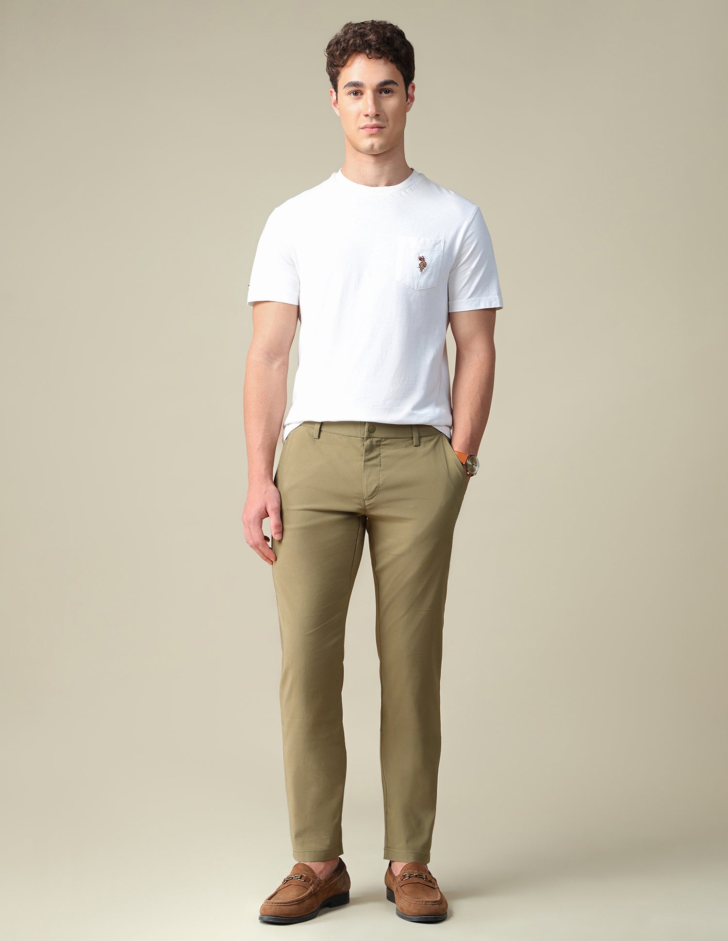 Denver Slim Fit Mid Rise Trousers Khaki - U.S. Polo Assn. India | Large
