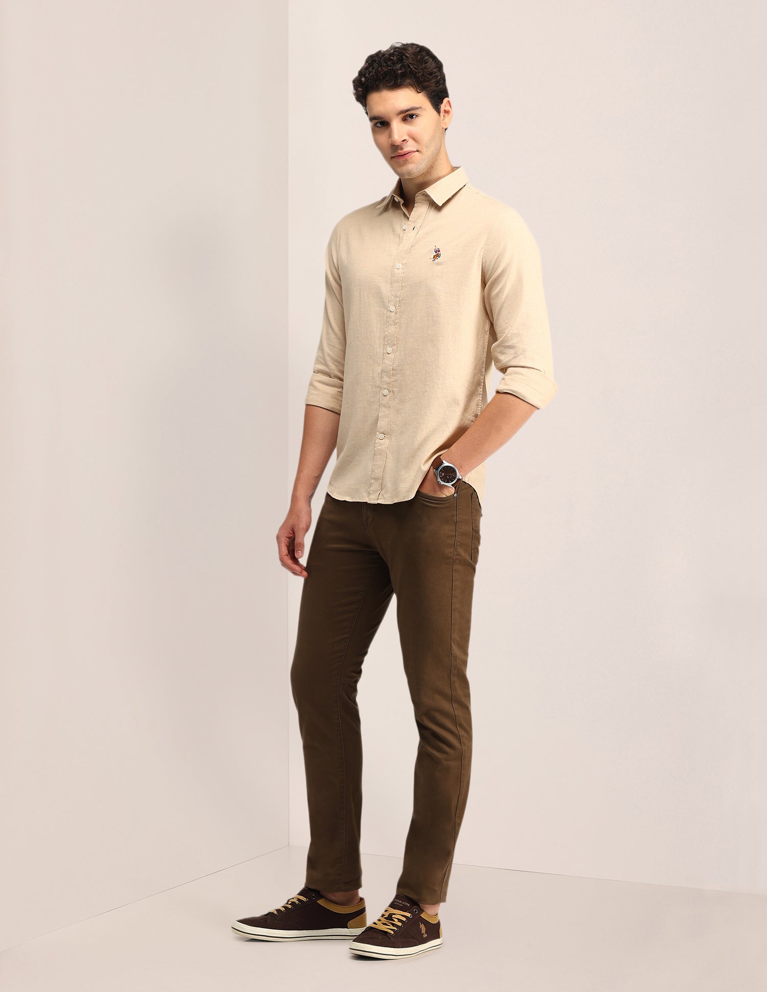 Solid Tailored Fit Shirt Beige - U.S. POLO ASSN. | Large