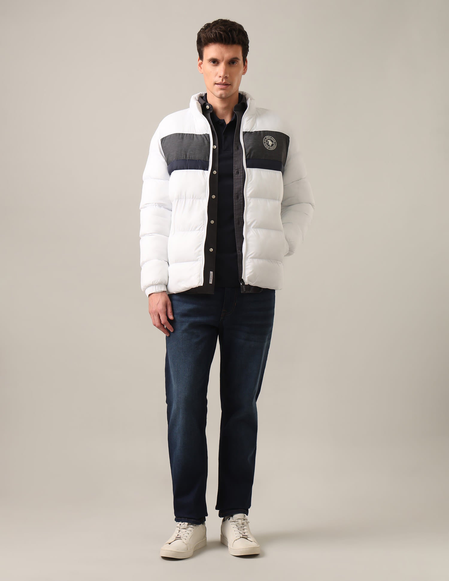 High Neck Colour Block Puffer Jacket White - U.S. Polo Assn. India | Large