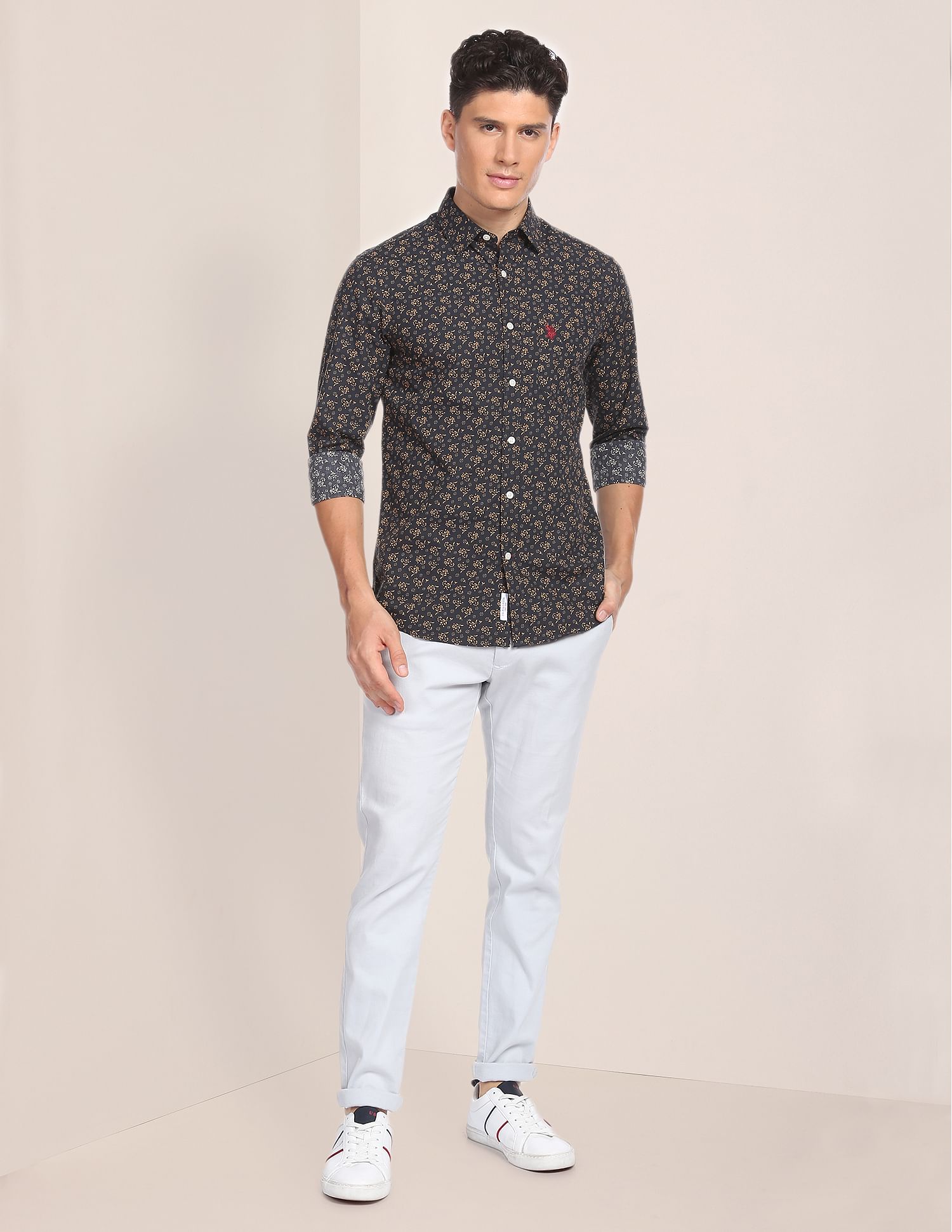 Floral Cotton Shirt Navy and Ochre - U.S. Polo Assn. India | Large