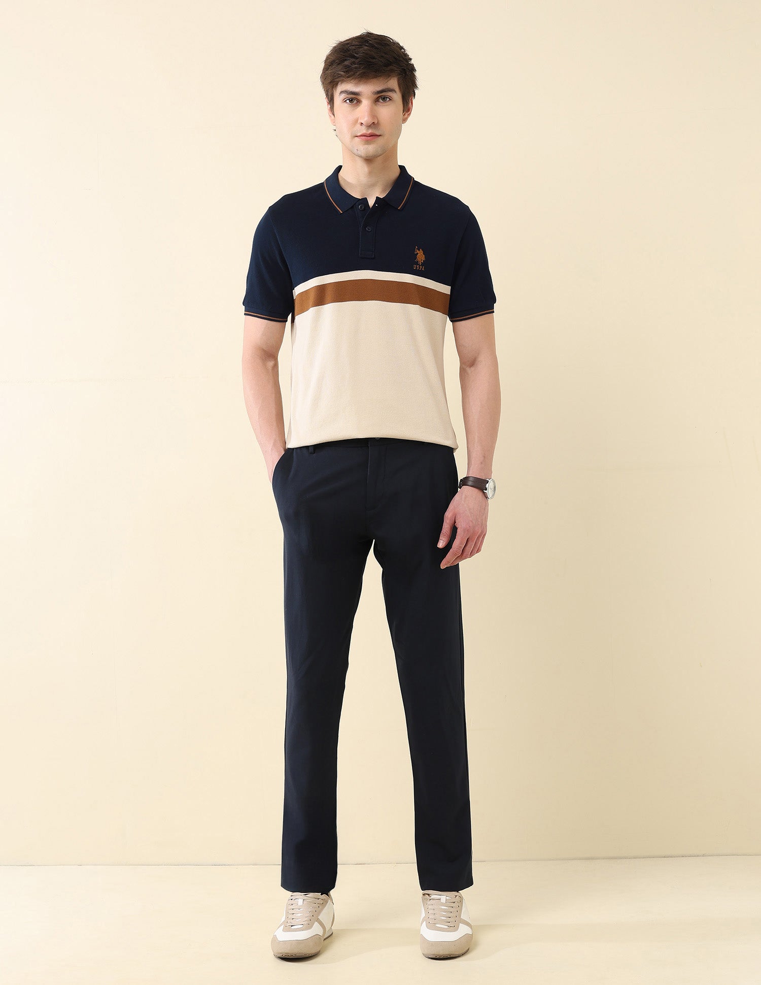 Colourblocked Pure Cotton Gold Cup Polo Shirt Navy - U.S. Polo Assn. India | Large