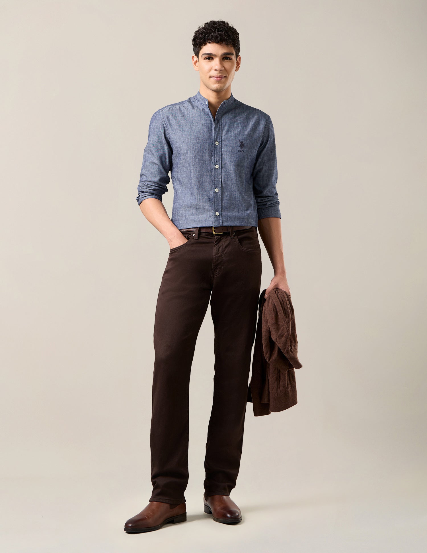 Heathered Twill Mandarin Shirt Indigo - U.S. Polo Assn. India | Large