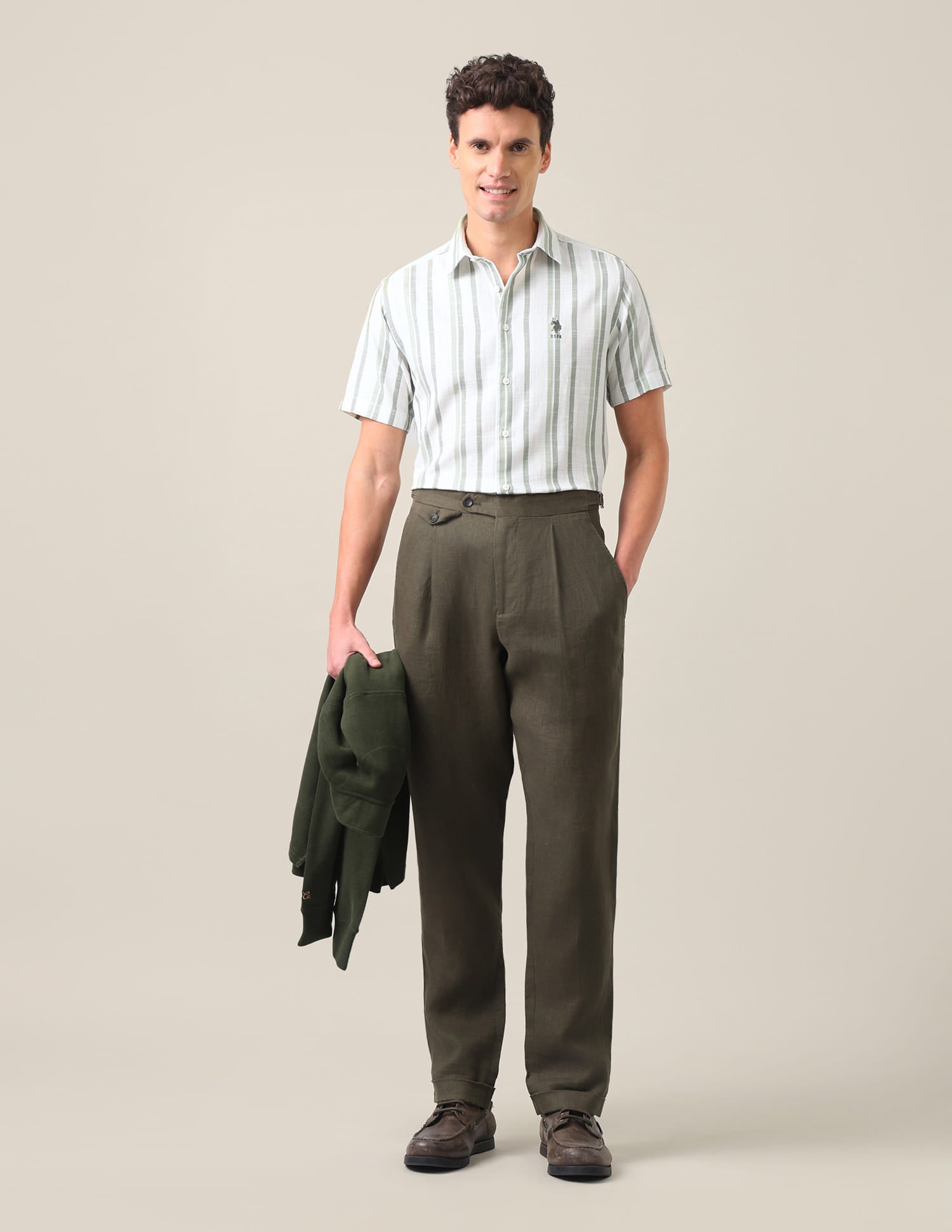 Vertical Striped Regular Fit Shirt Olive Green - U.S. Polo Assn. India | Large