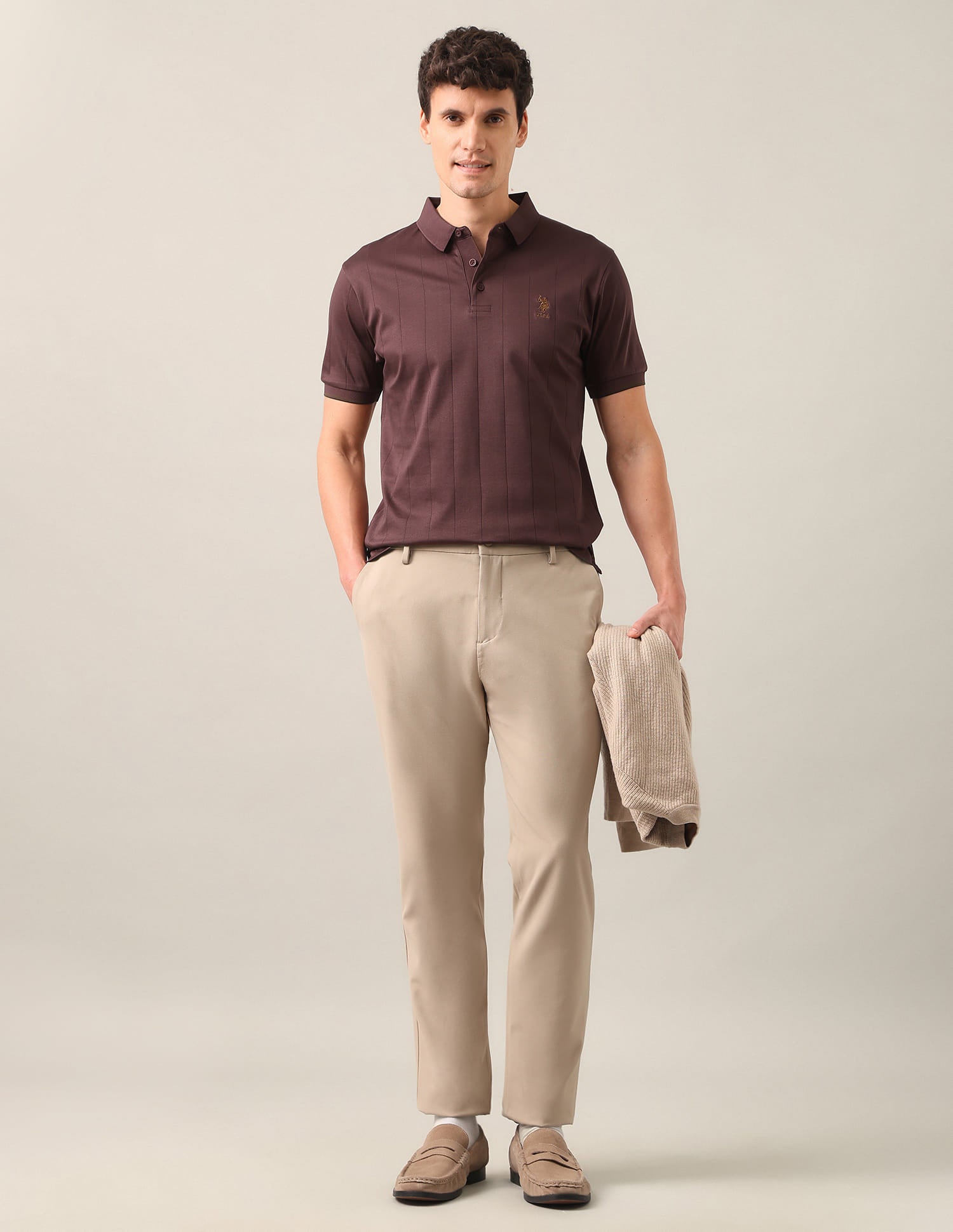 Self Design Vertical Striped Slim Fit Polo Shirt Brown - U.S. Polo Assn. India | Large