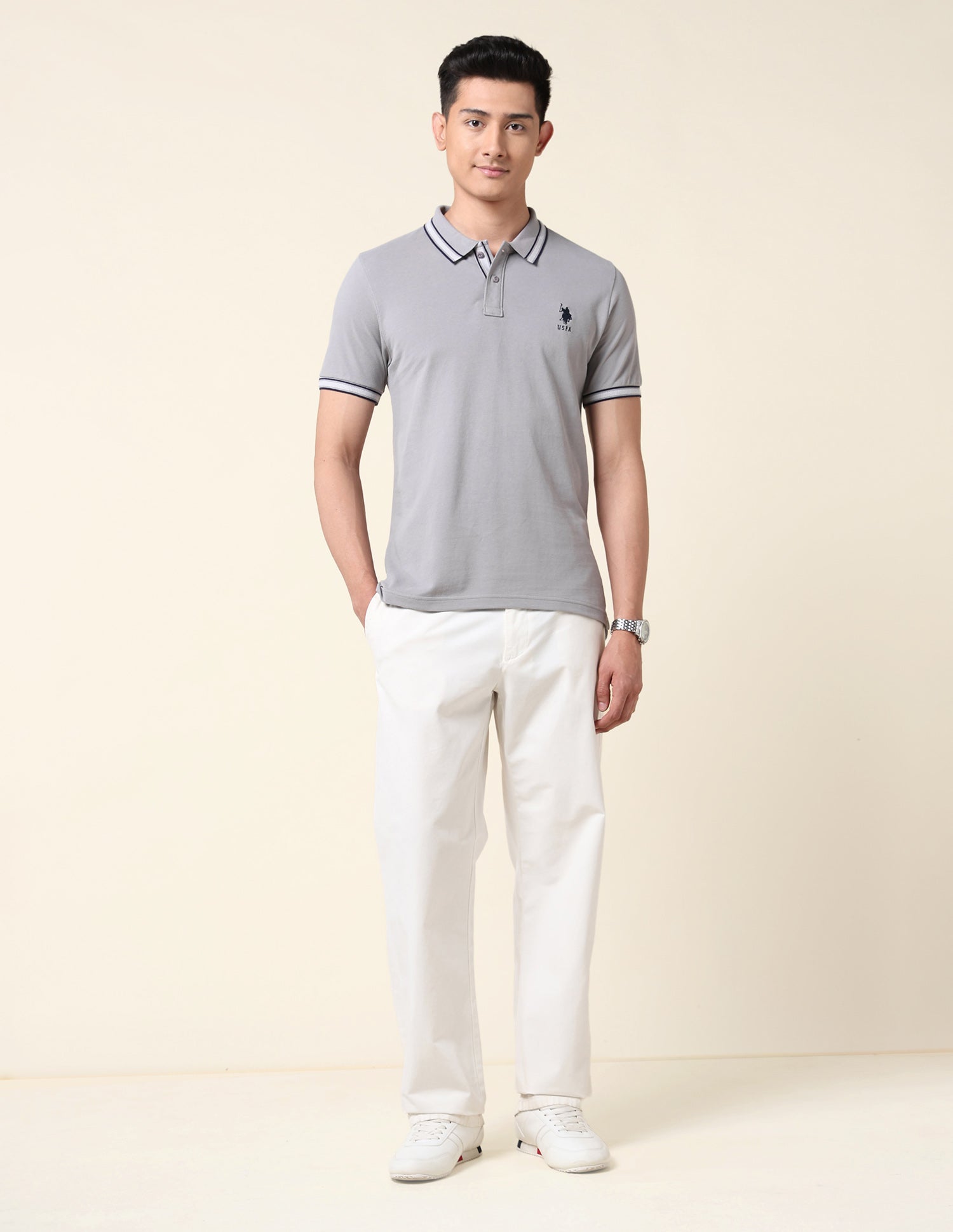 Slim Fit Pure Cotton Polo Shirt Light Grey - U.S. Polo Assn. India | Large