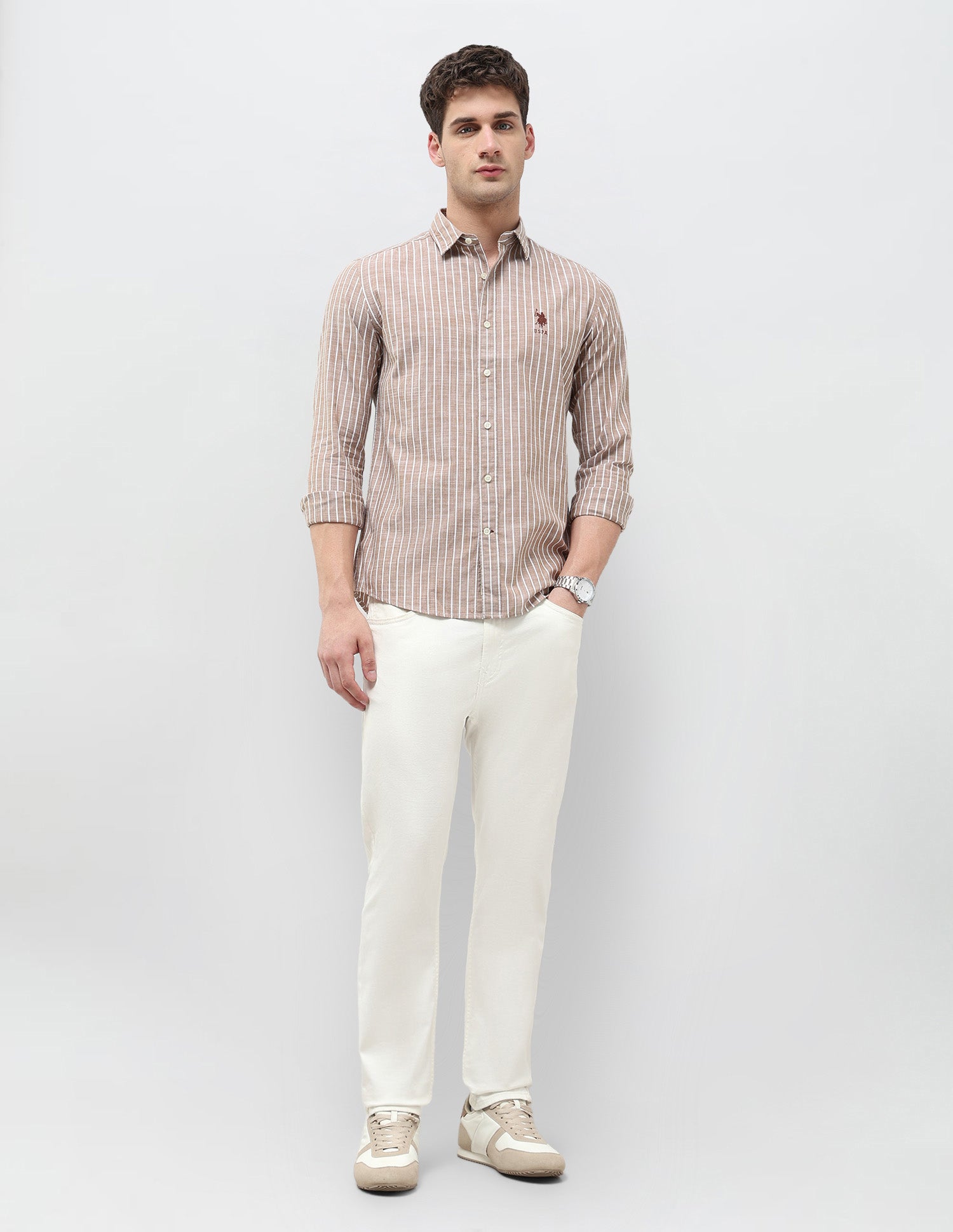 Regular Fit Vertical Striped Shirt Light Brown - U.S. POLO ASSN. | Large