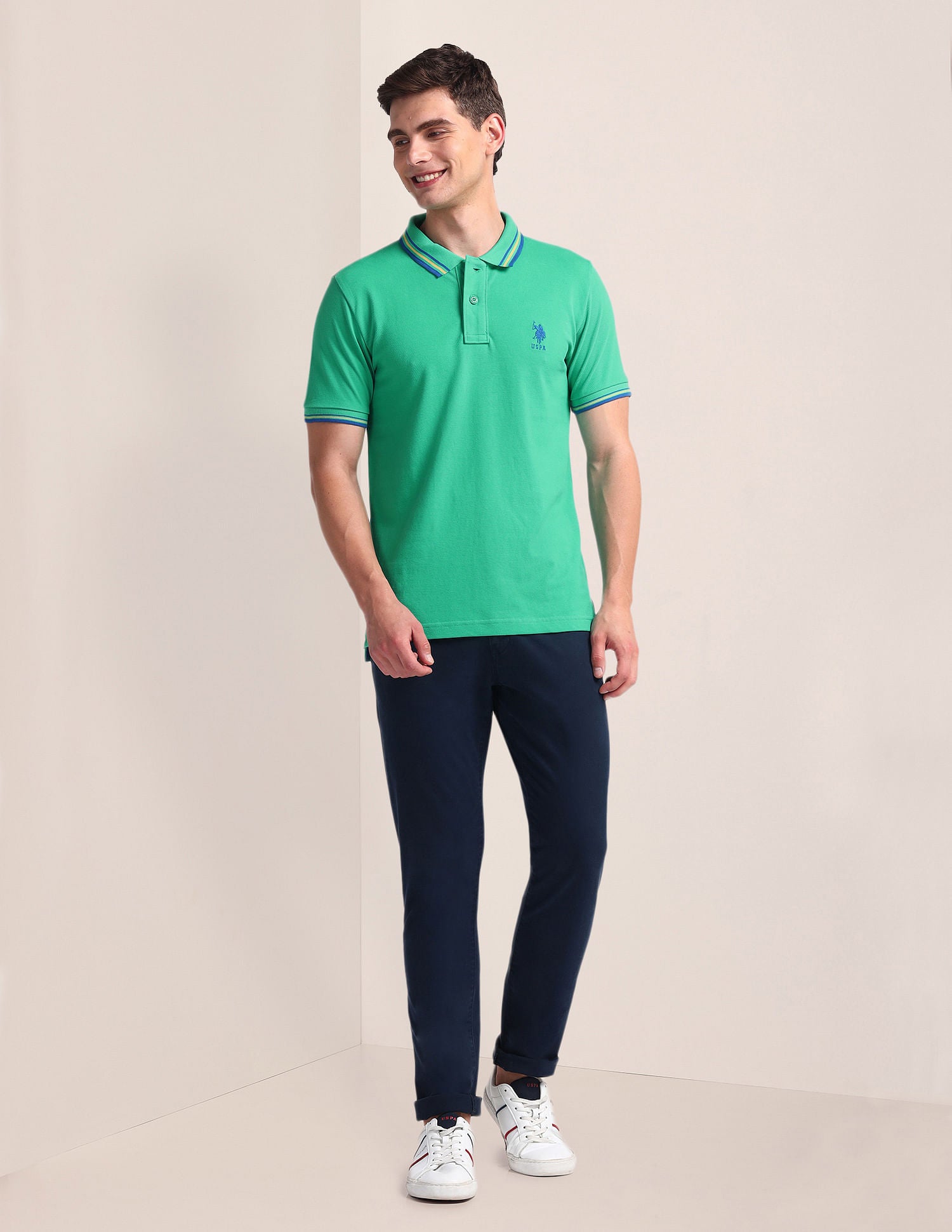 Tipped Collar Slim Polo Shirt Green - U.S. Polo Assn. India | Large