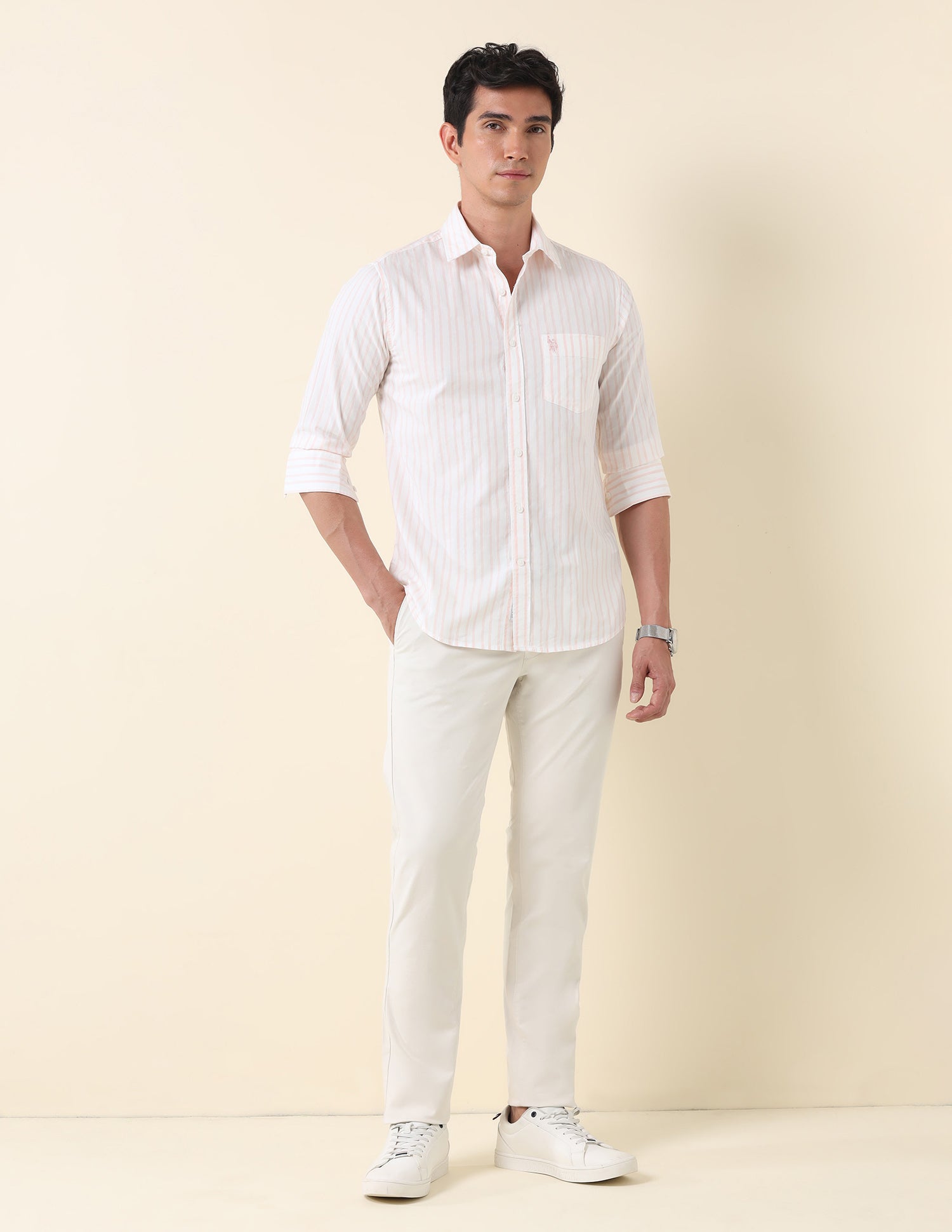 Tailored Fit Vertical Striped Shirt Peach - U.S. Polo Assn. India | Large