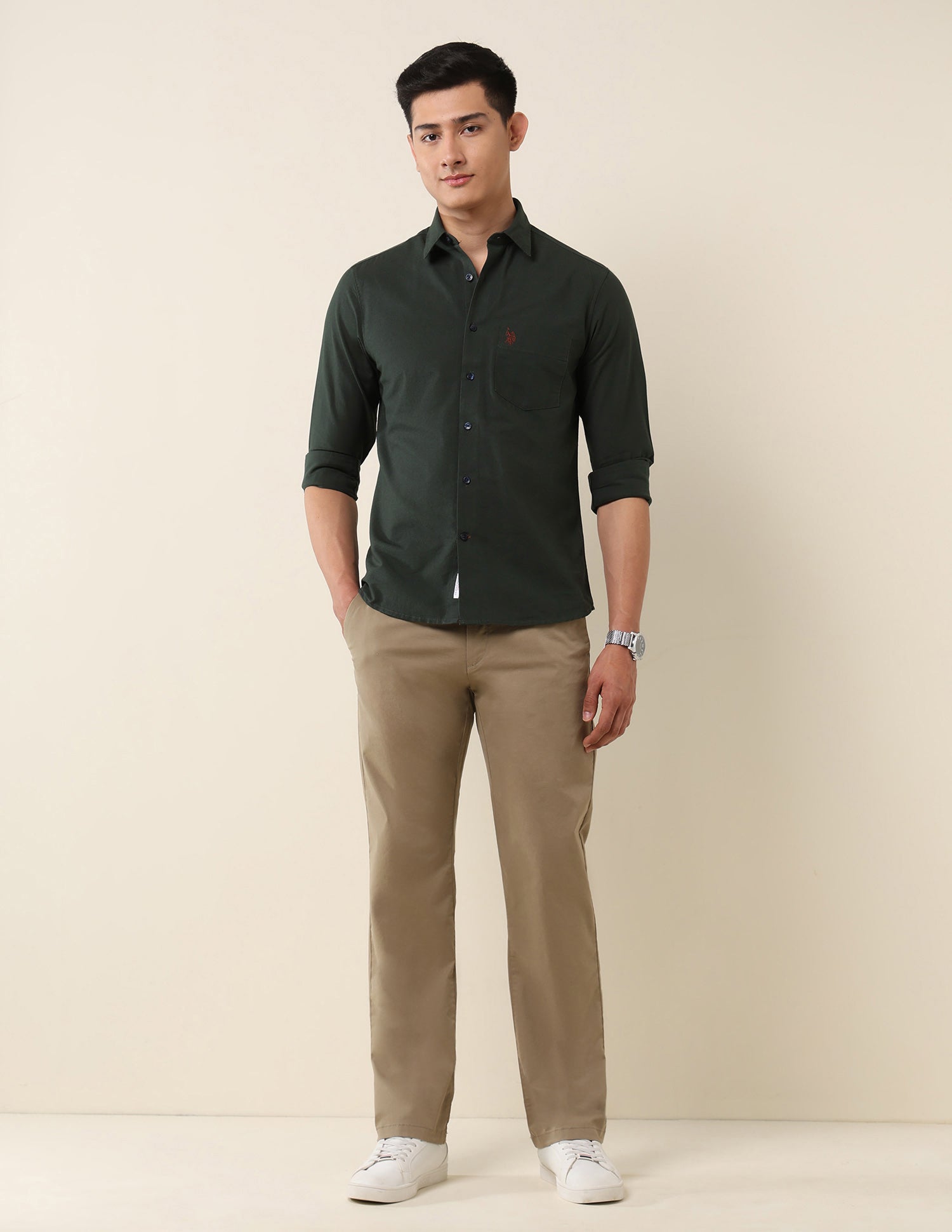Tailored Fit Twill Shirt Dark Olive - U.S. Polo Assn. India | Large